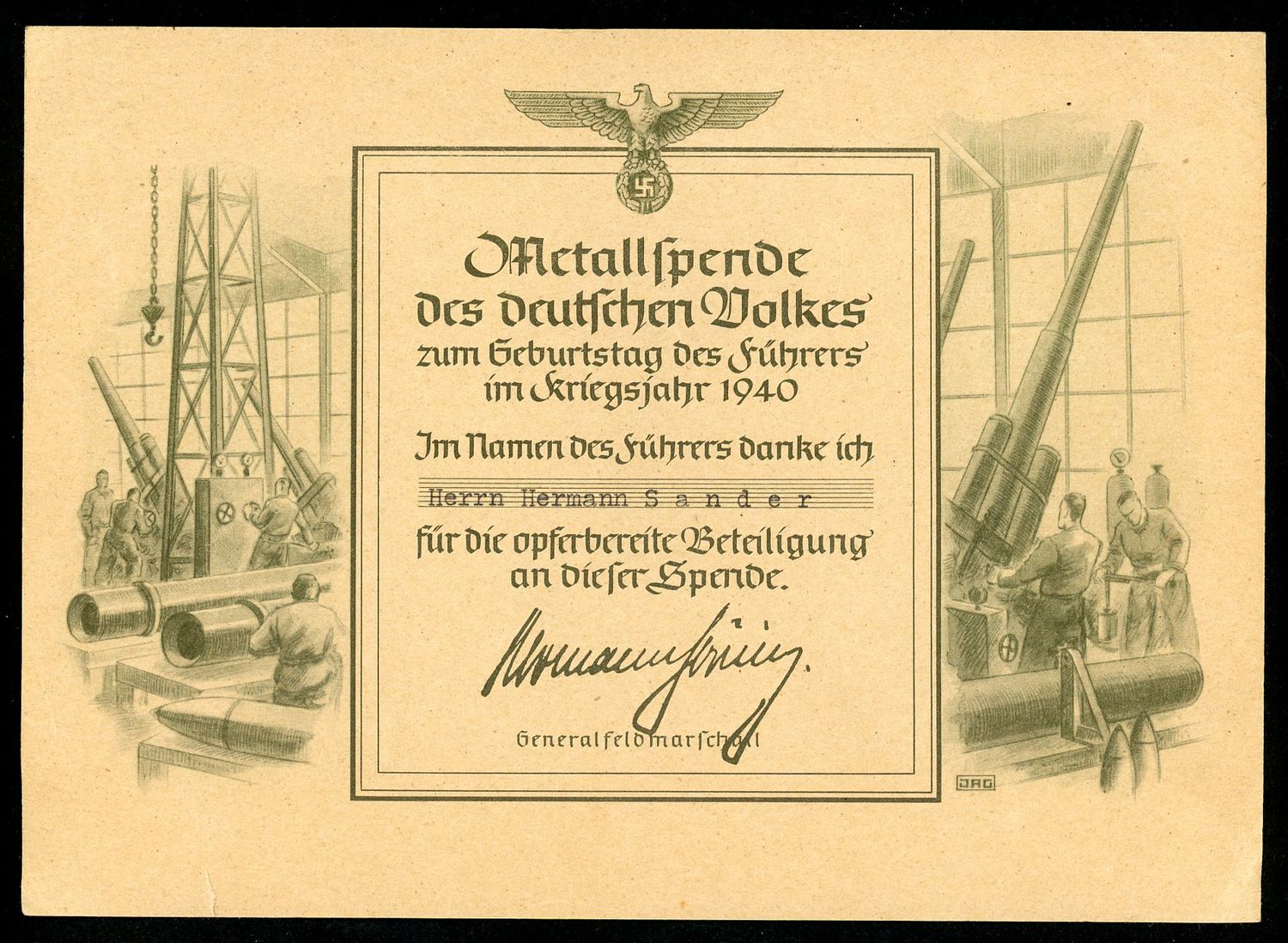 FACEBOOK AUCTION - German WW2 Document Honoring Person Who Donated Steel For The War Effort in 1940 Metallspende des Deutschen Volkes, Eagle/Swaz, General Feldmarschall Signature