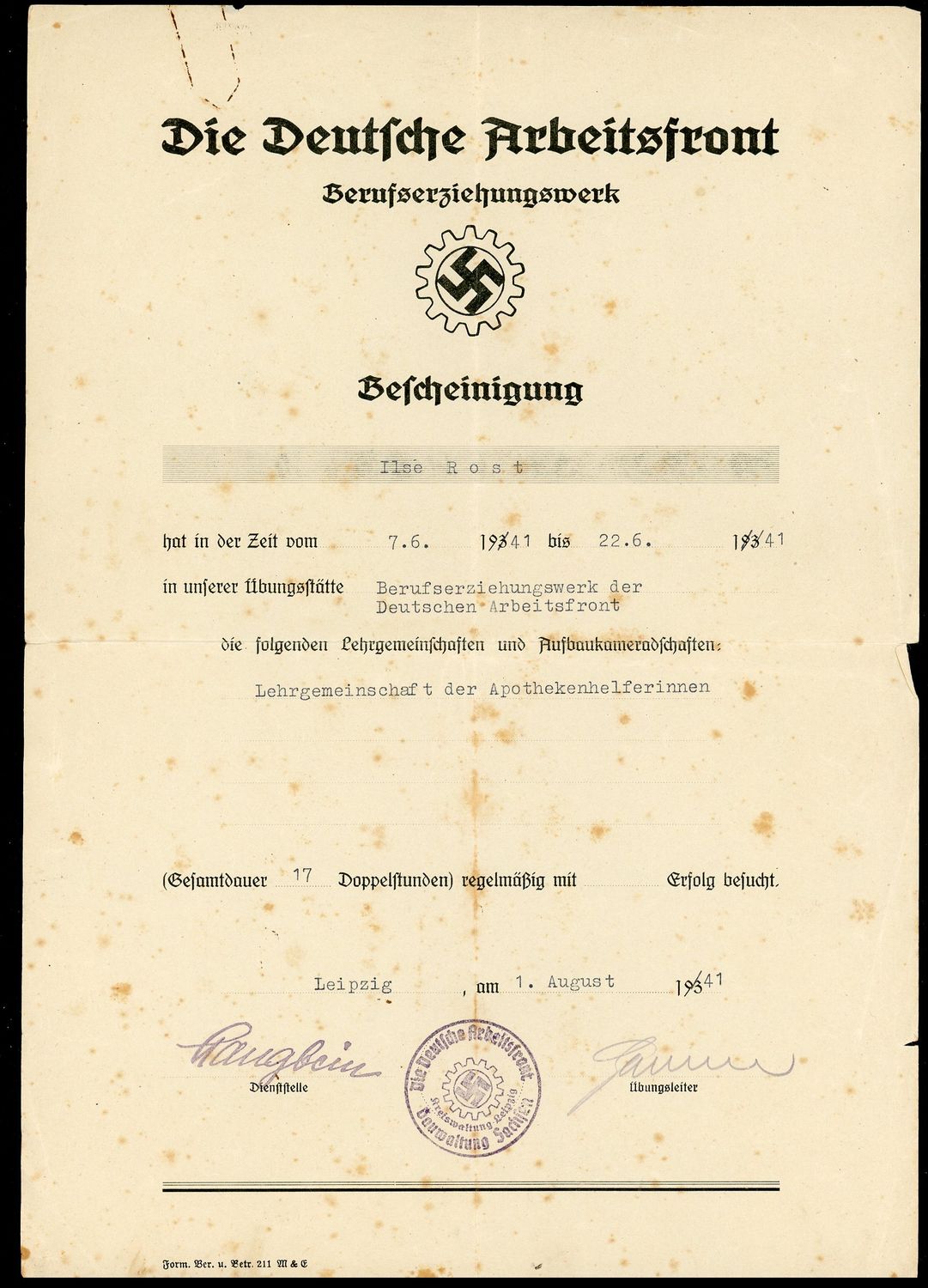 FACEBOOK AUCTION - German WW2 DAF Vocational Certificate For Pharmacy Assistant 1941, Double Swaz Emblems