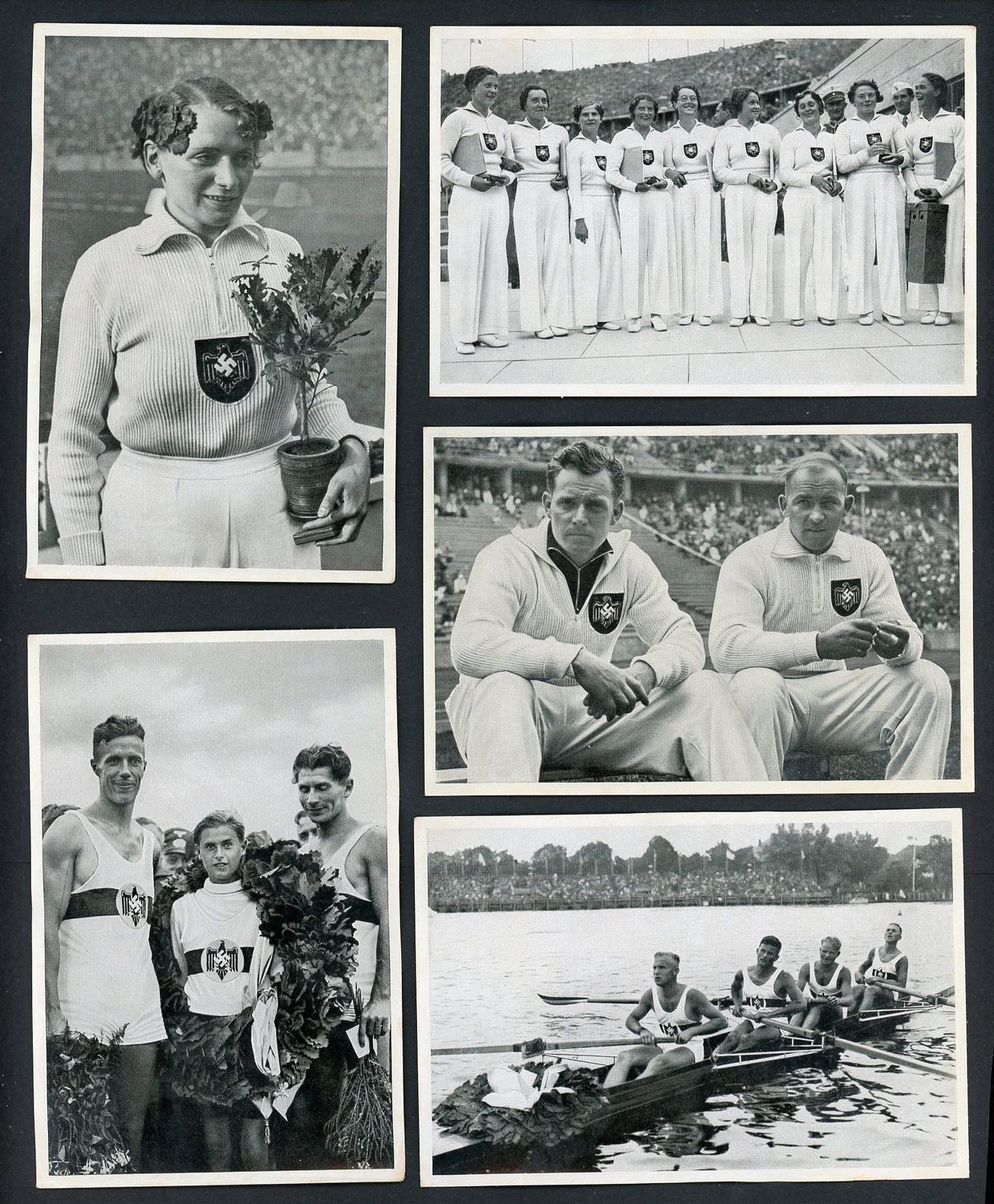 Lot of 5 German 1936 Summer Olympics Collector Photos Featuring Athletes From Germany Wearing Reich Sport Association Swaz Logo Uniforms