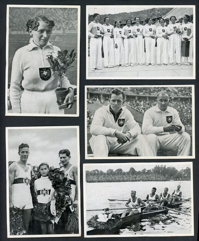 Lot of 5 German 1936 Summer Olympics Collector Photos Featuring Athletes From Germany Wearing Reich Sport Association Swaz Logo Uniforms