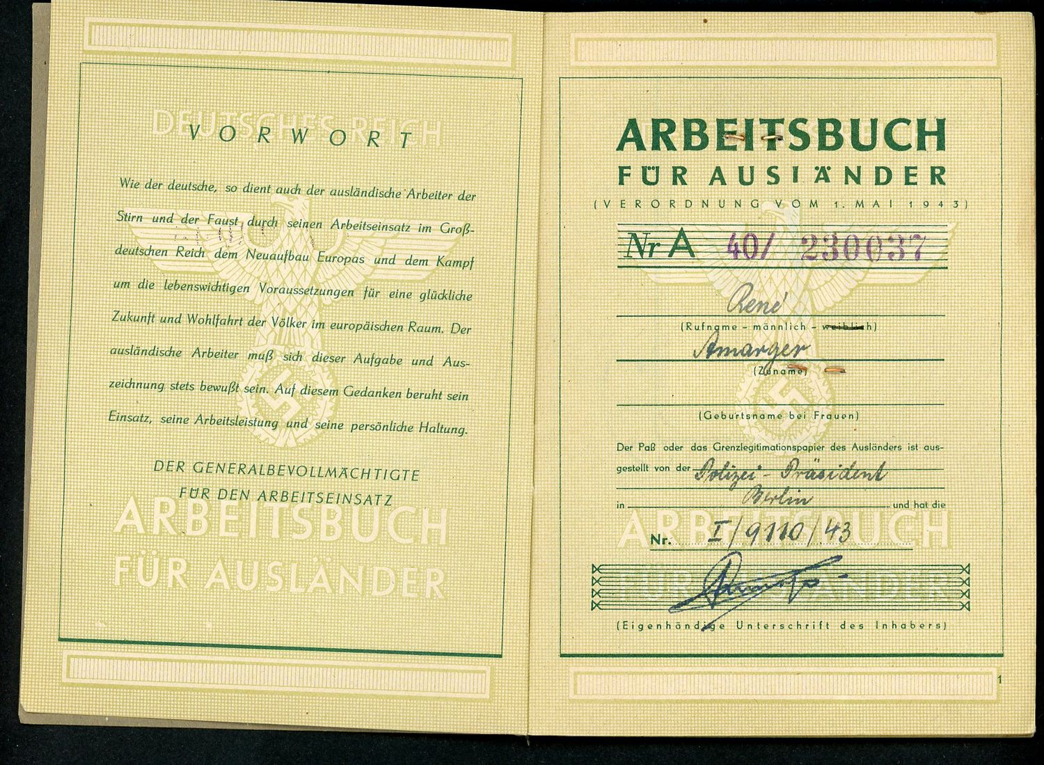 German WW2 Arbeitsbuch For Foreigner - French Man, 1944, Transport Worker, Fur Auslander