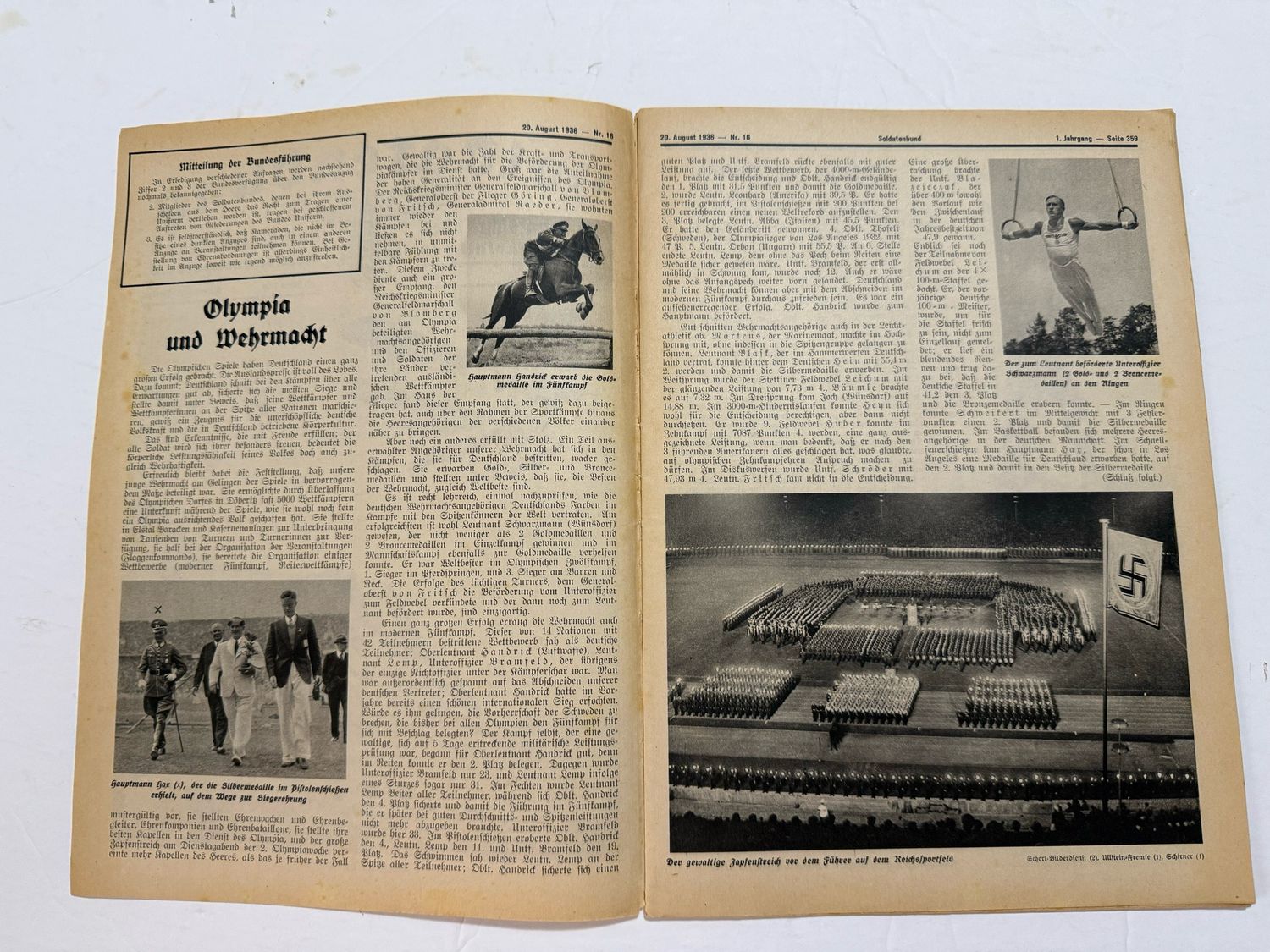 Rare German Soldatenbund NS Reichskriegerbund Veteran&#39;s Magazine 1936, Olympics, Vets That Have Passed Away, Etc.