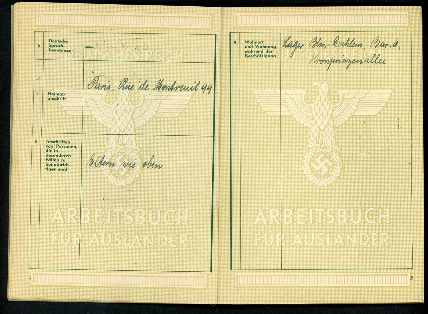 German WW2 Arbeitsbuch For Foreigner - French Man, 1944, Transport Worker, Fur Auslander