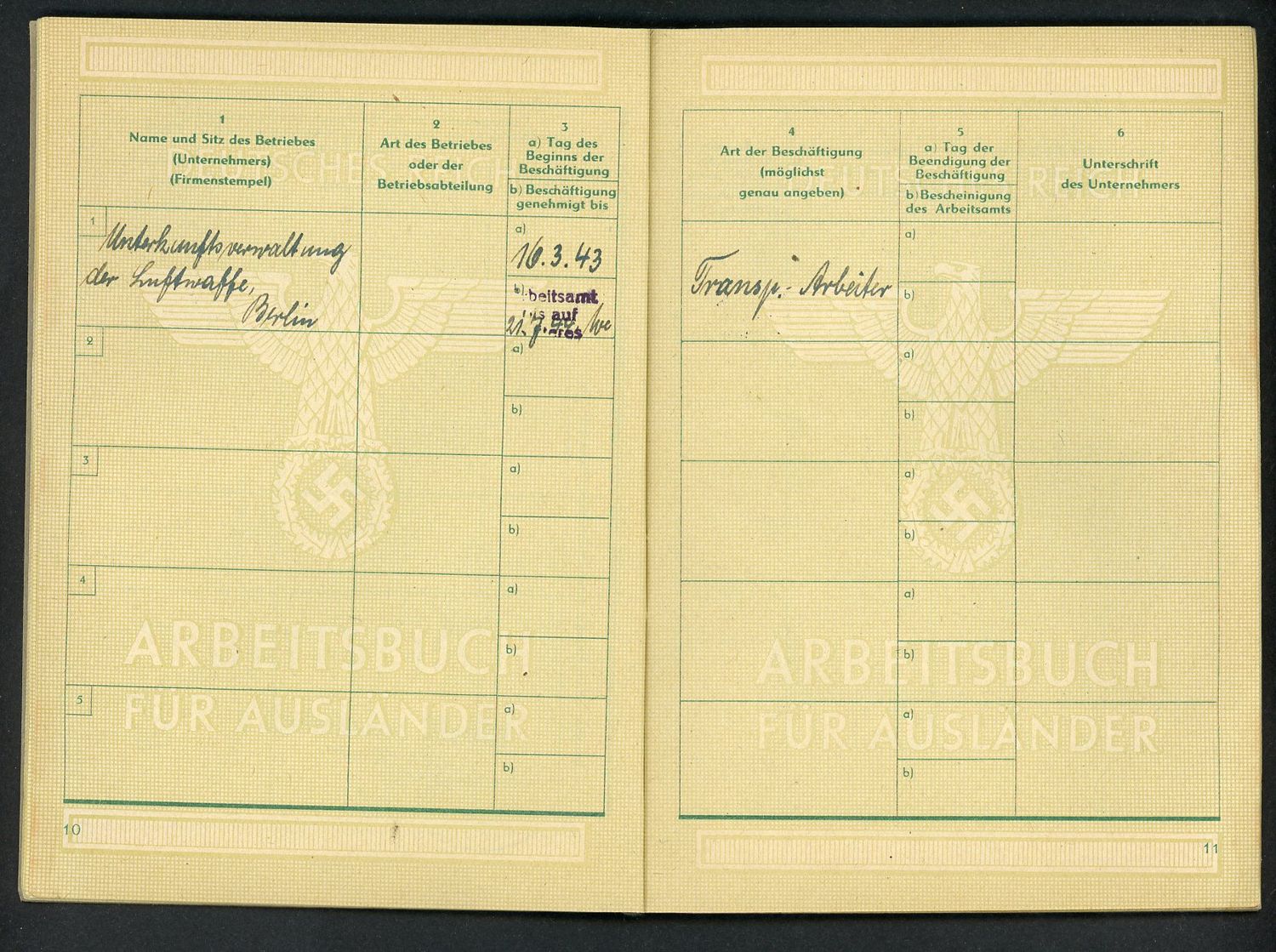 German WW2 Arbeitsbuch For Foreigner - French Man, 1944, Transport Worker, Fur Auslander