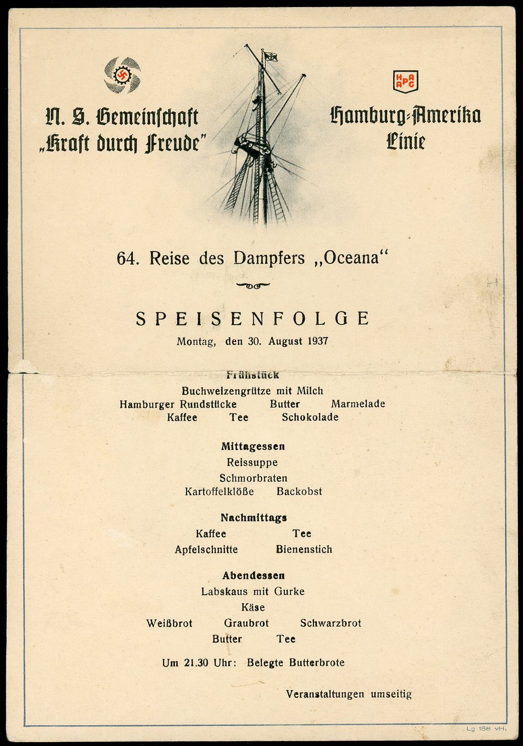 1937 German KDF Cruise Ship Oceana Menu Card For August 30th, Kraft Durch Freude, Hamburg Amerika Linie