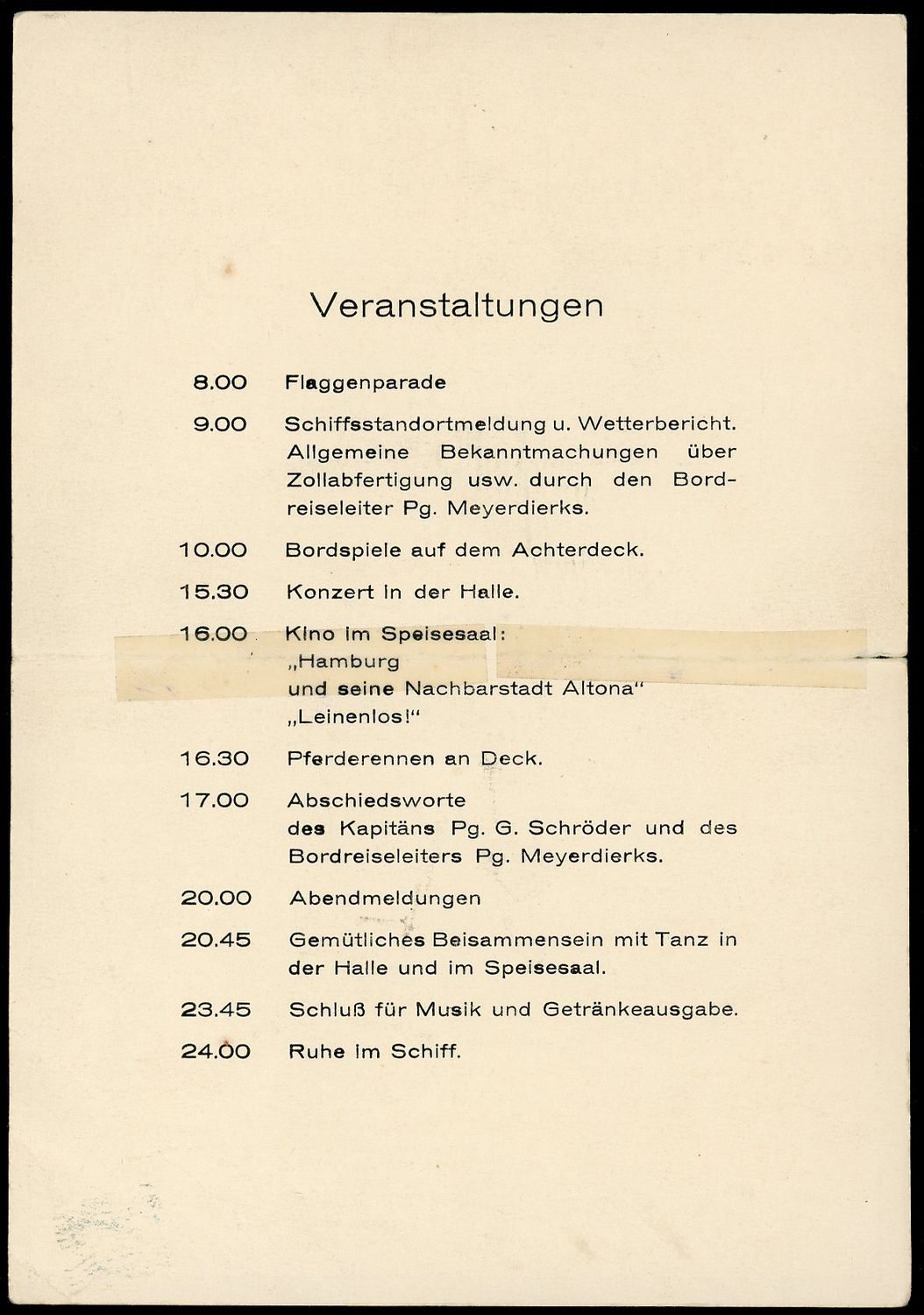 1937 German KDF Cruise Ship Oceana Menu Card For August 30th, Kraft Durch Freude, Hamburg Amerika Linie