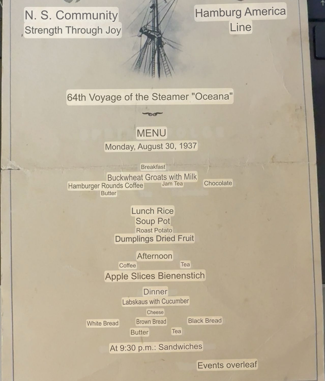 1937 German KDF Cruise Ship Oceana Menu Card For August 30th, Kraft Durch Freude, Hamburg Amerika Linie