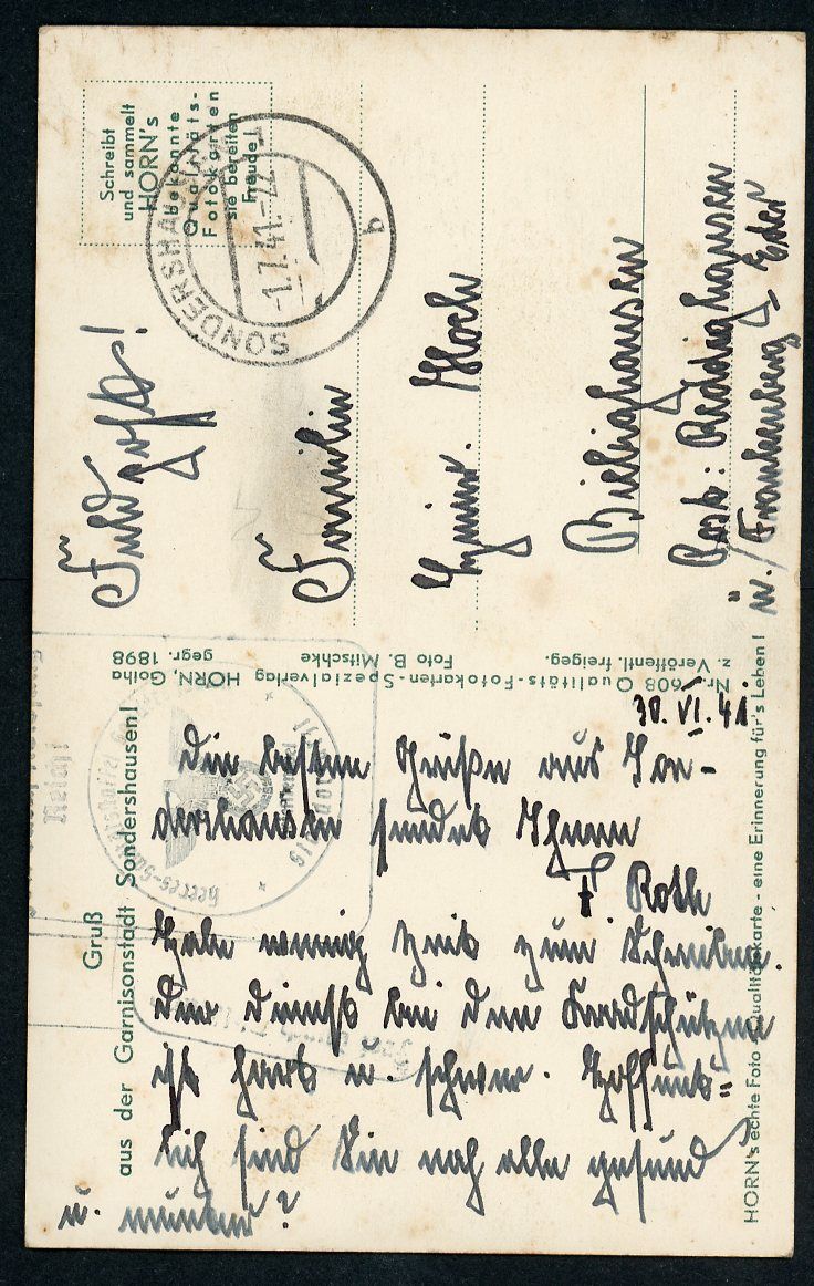 German WW2 Photo Postcard Wehrmacht Soldier Stands Guard At Aufklarungs Abteilung 4 Eagle Swaz Monument In Garrison Town of Sonderhausen