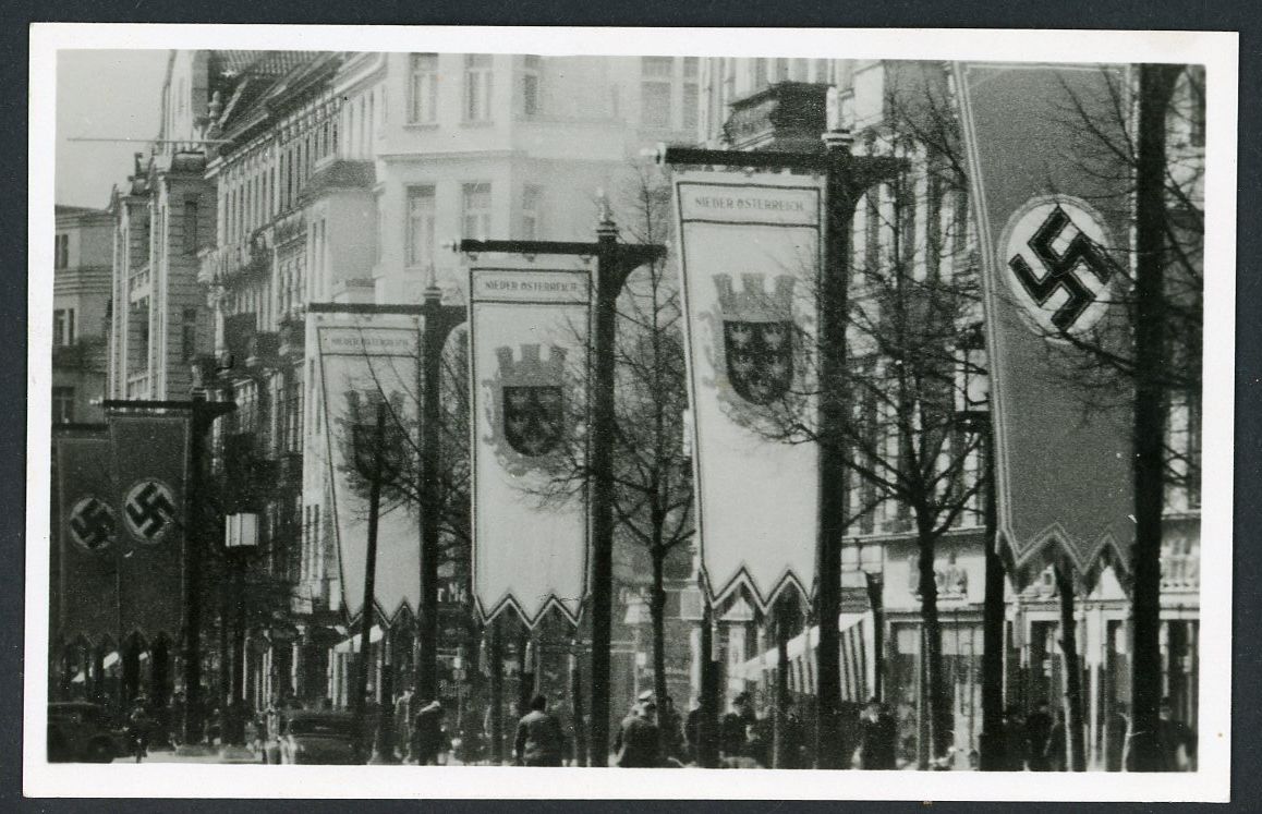 German Third Reich Postcard Berlin East West Axis Lined with Swaz Swallow Tail Flags &amp; Nieder Osterreich Flags