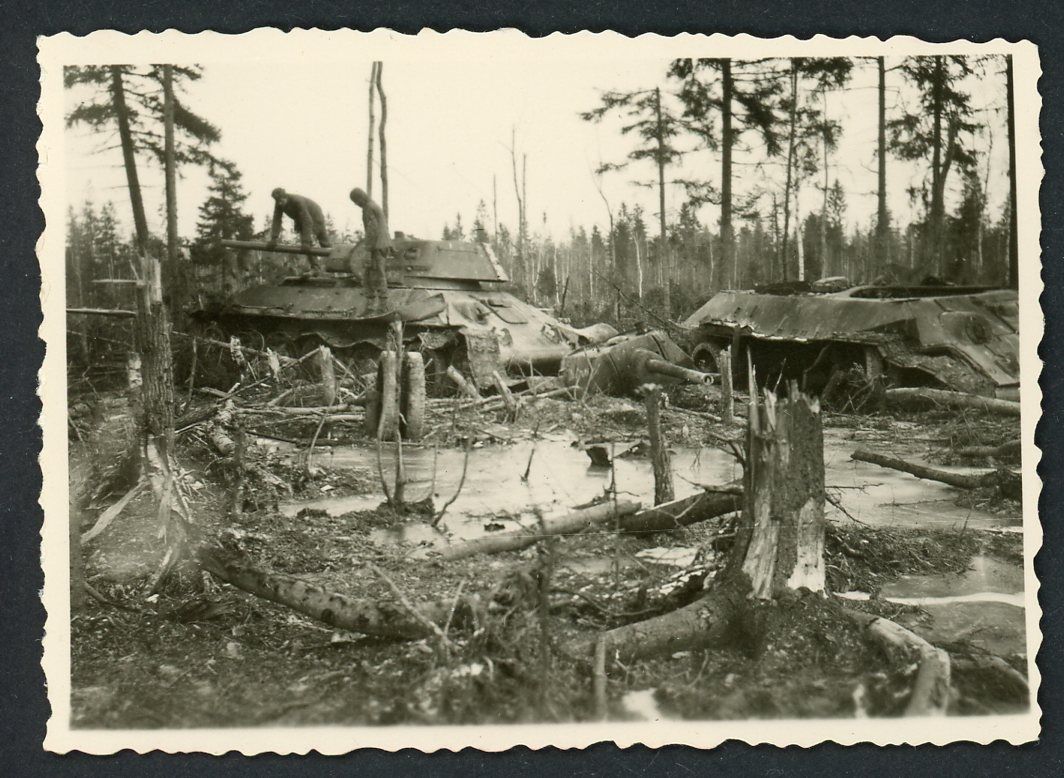 Panzer Graveyard - Wehrmacht Troops Inspect Russian T-34 Tanks Defeated In Swamp - German WW2 Photo