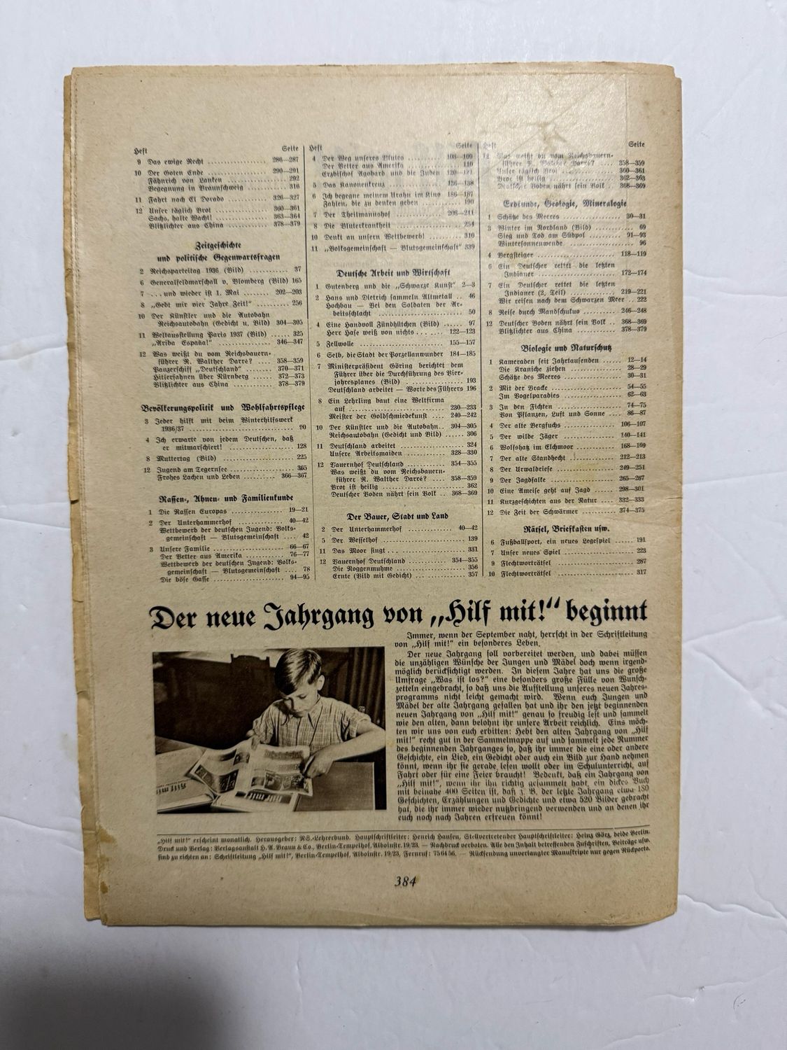 German Third Reich Magazine Hilf Mit! Illustrated German School Newspaper 1937 - Walther Darre, Battleship Deutschland, H!tler Flag At Nurnberg, HJ &amp; MORE!