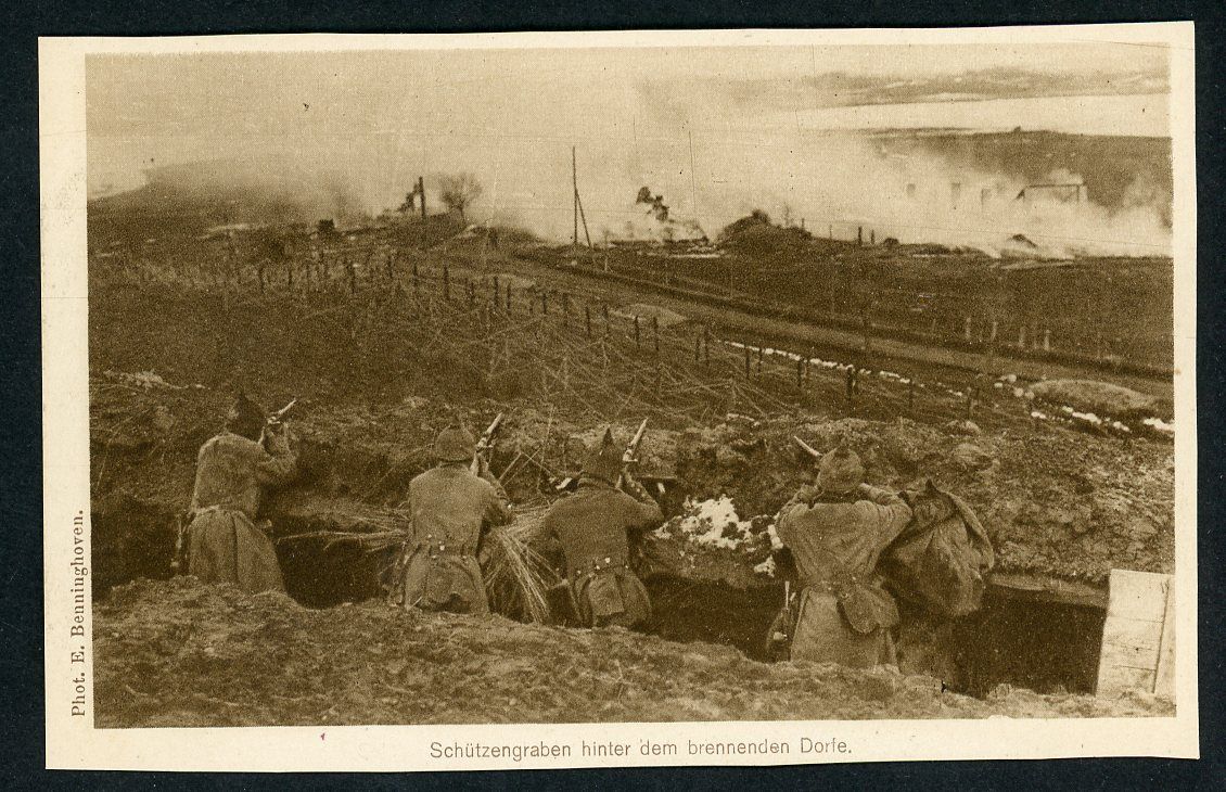 German WW1 Postcard - Soldiers in Trench, Spike Helmets, Fire Down On The Battlefield Below!