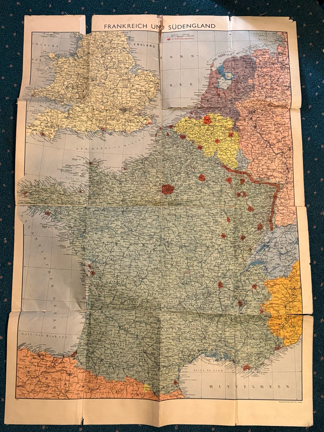 German WW2 Military Map of Western Europe 1939/40 With Fortifications Showing - Wehrmacht Use ONLY!