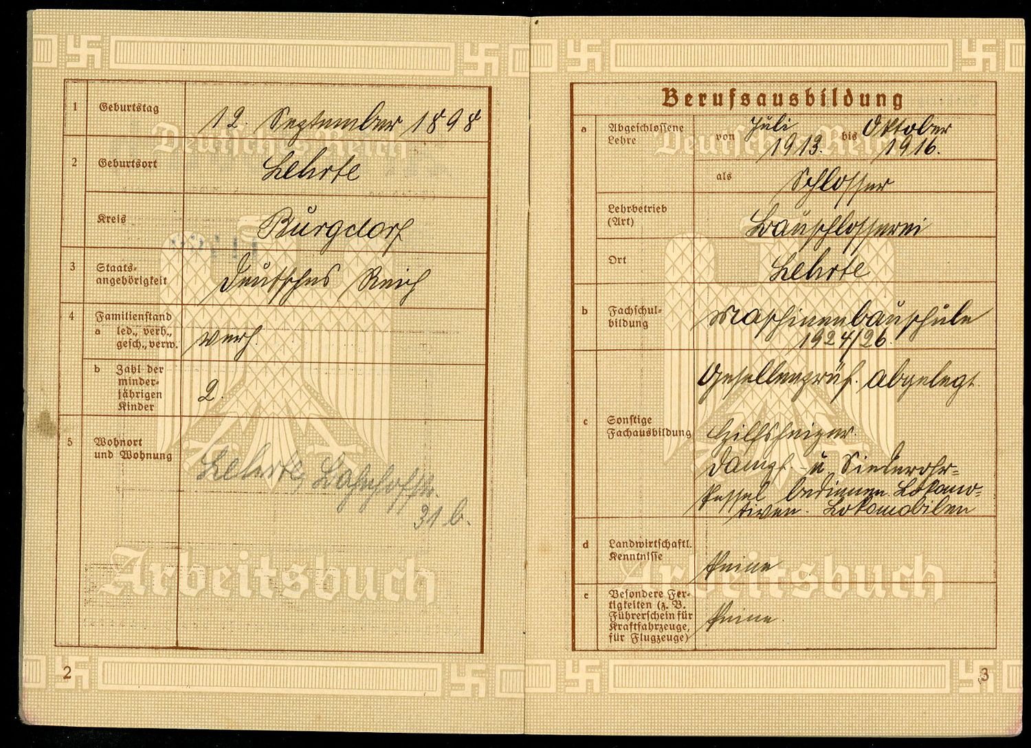 German WW2 Arbeitsbuch - Railway Depot Worker Through 1937
