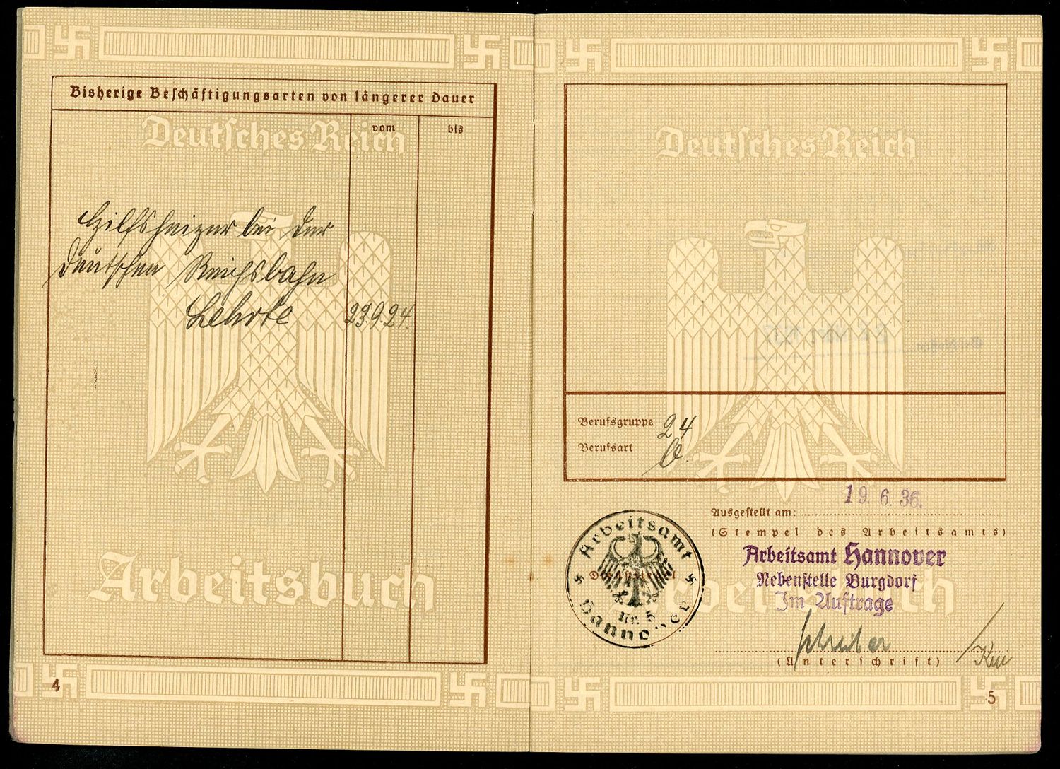 German WW2 Arbeitsbuch - Railway Depot Worker Through 1937