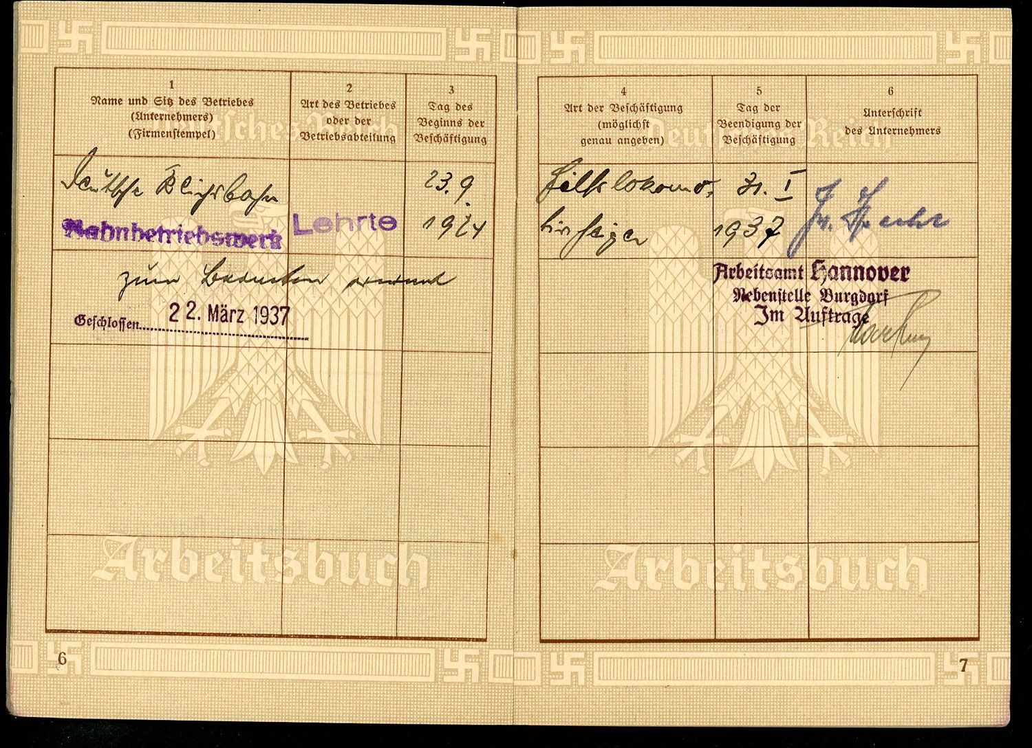 German WW2 Arbeitsbuch - Railway Depot Worker Through 1937