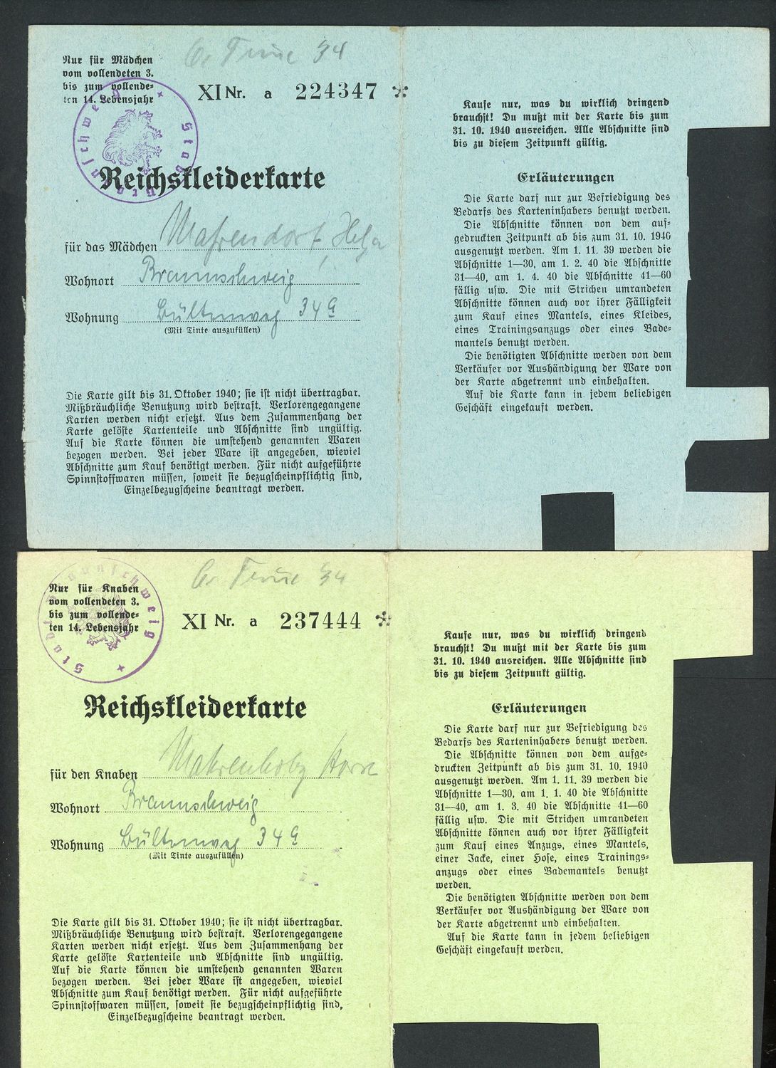 Lot of 2 German WW2 Clothing Ration Cards For Boy and Girl Under Age 14 From Braunschweig