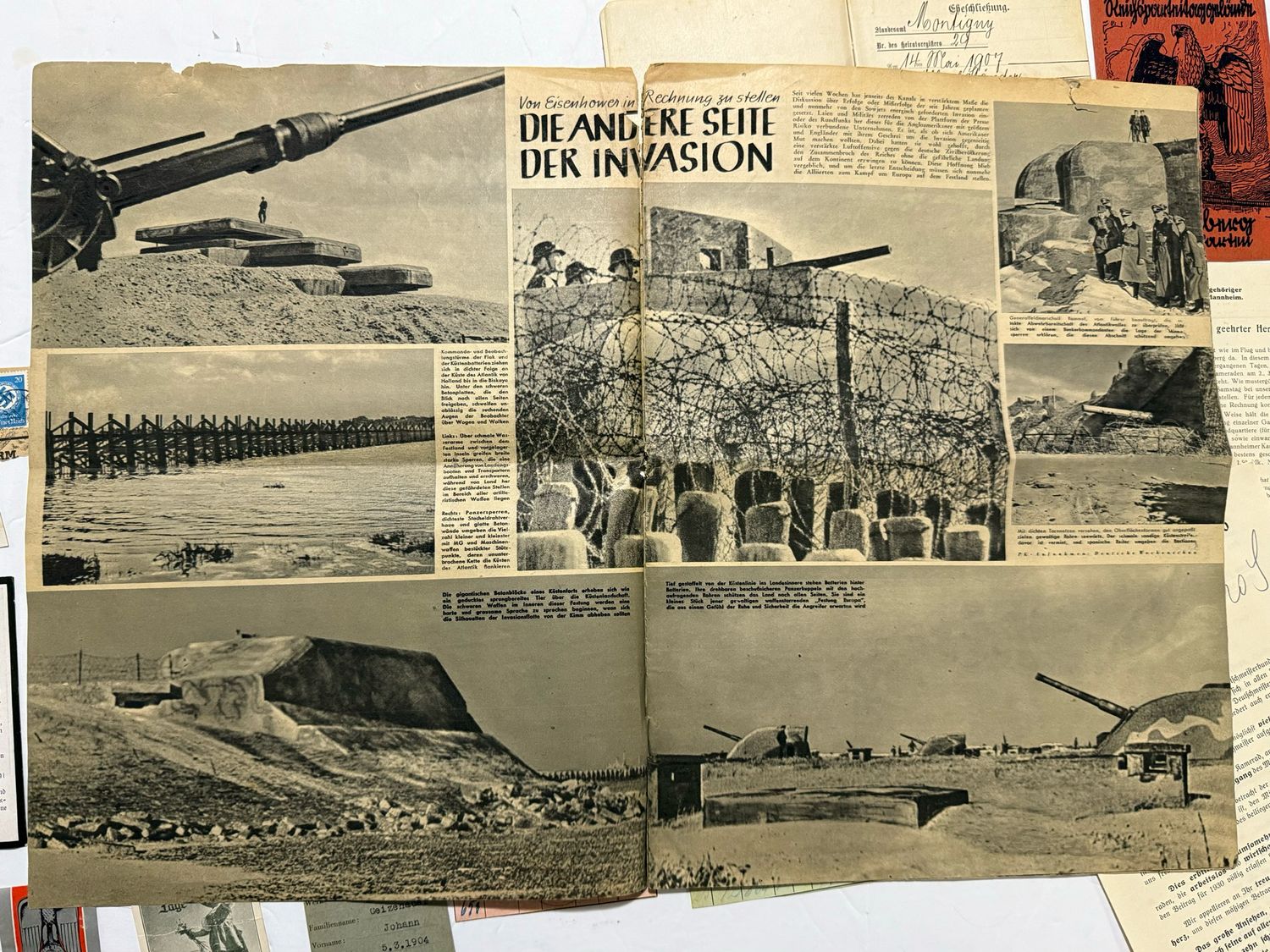 German 26 Piece Lot - Die Wehrmacht Magazine w/ Tiger Tanks, Stamps, Death Cards, Documents &amp; More
