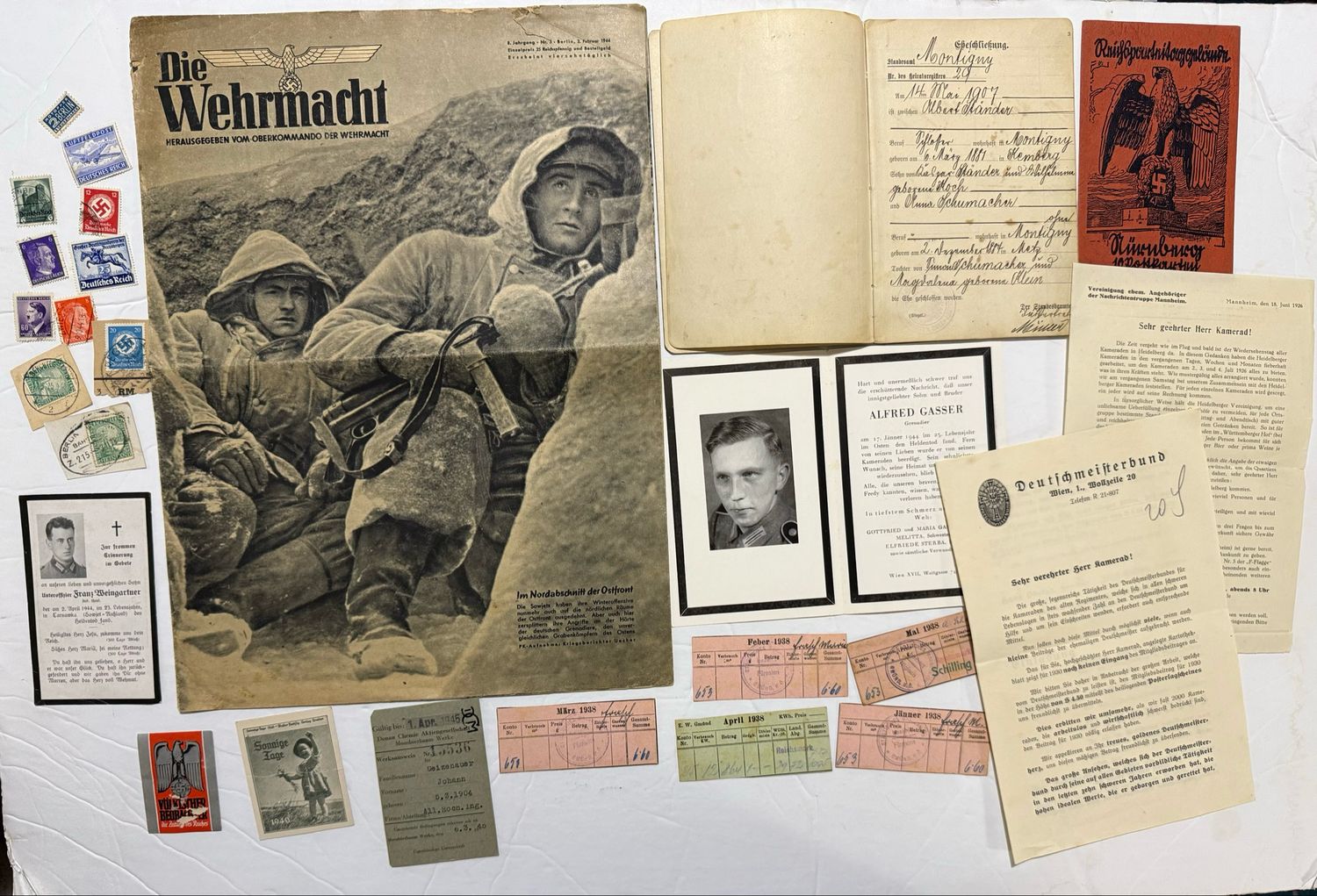 German 26 Piece Lot - Die Wehrmacht Magazine w/ Tiger Tanks, Stamps, Death Cards, Documents &amp; More