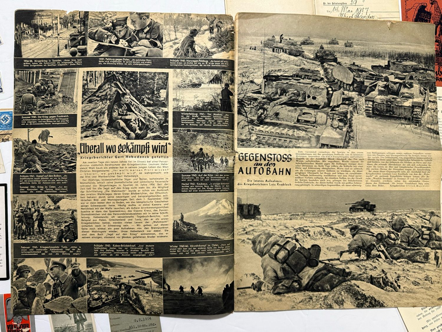 German 26 Piece Lot - Die Wehrmacht Magazine w/ Tiger Tanks, Stamps, Death Cards, Documents &amp; More