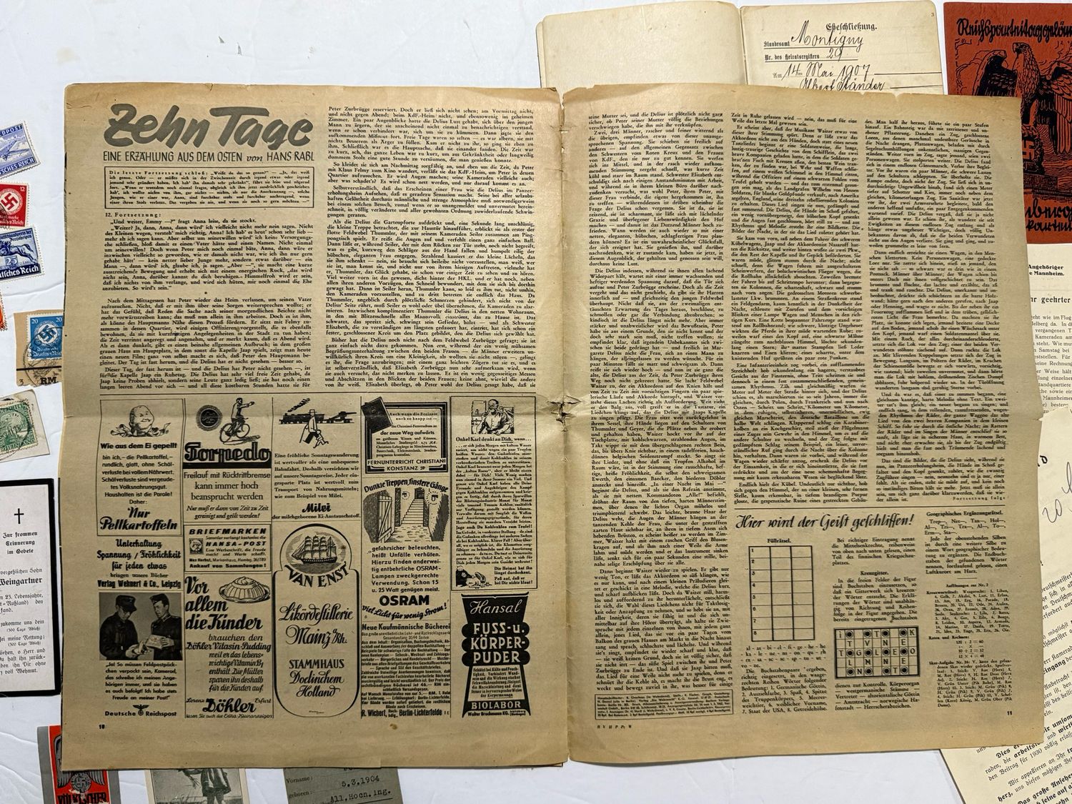 German 26 Piece Lot - Die Wehrmacht Magazine w/ Tiger Tanks, Stamps, Death Cards, Documents &amp; More