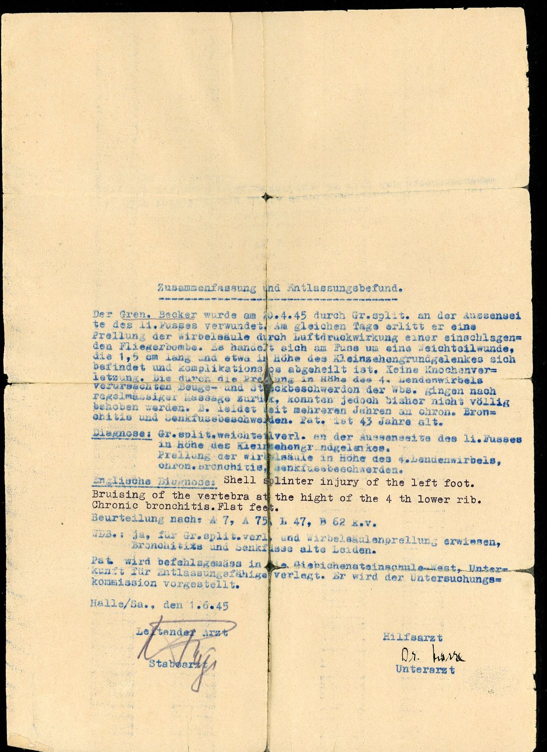 German WW2 Document Describing Grenadier Becker&#39;s Wounds In German and English, Dated June 1st 1945