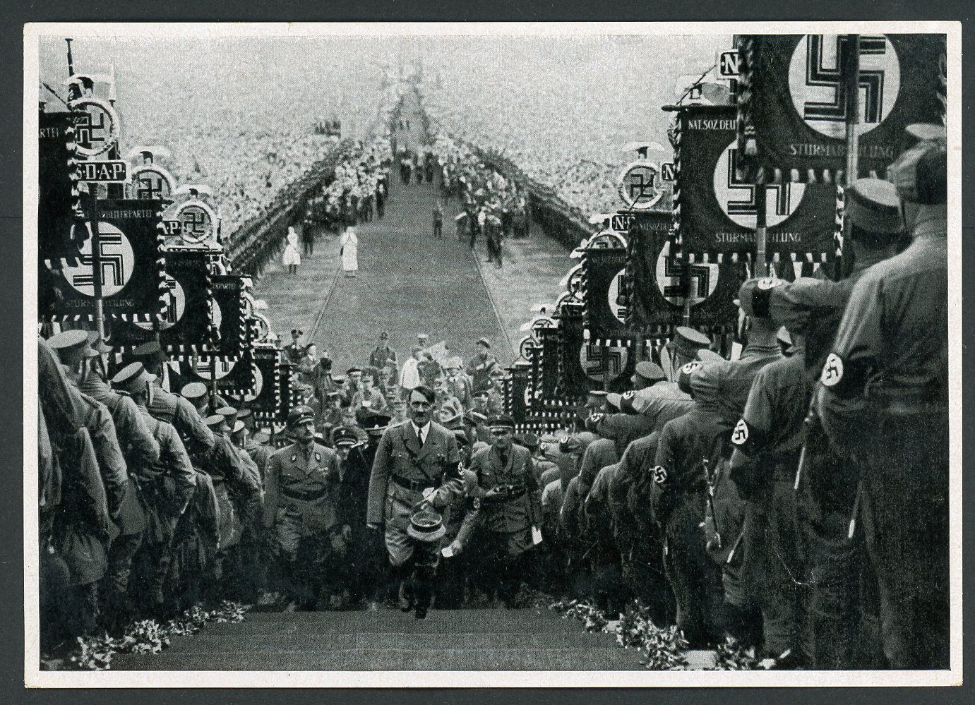 German Third Reich Photo - Iconic Image of Adolf Walking Between Standarten Banners Up Steps At Buckeberg Rally 1934