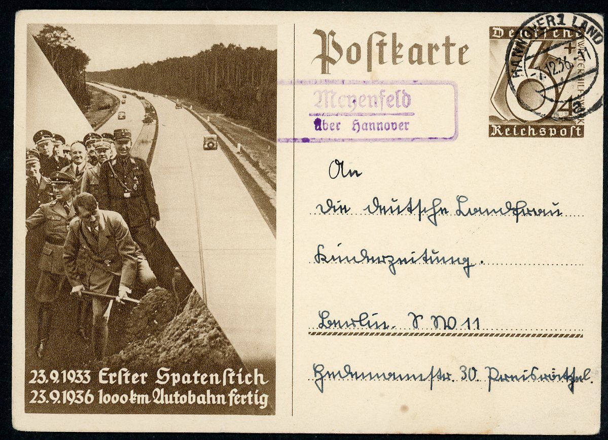 German 3rd Reich Postcard Der Fuhrer Groundbreaking Shovel of Dirt Building The Autobahn in 1933 To 1000 Kilometers Completed 3 Years Later in 1936