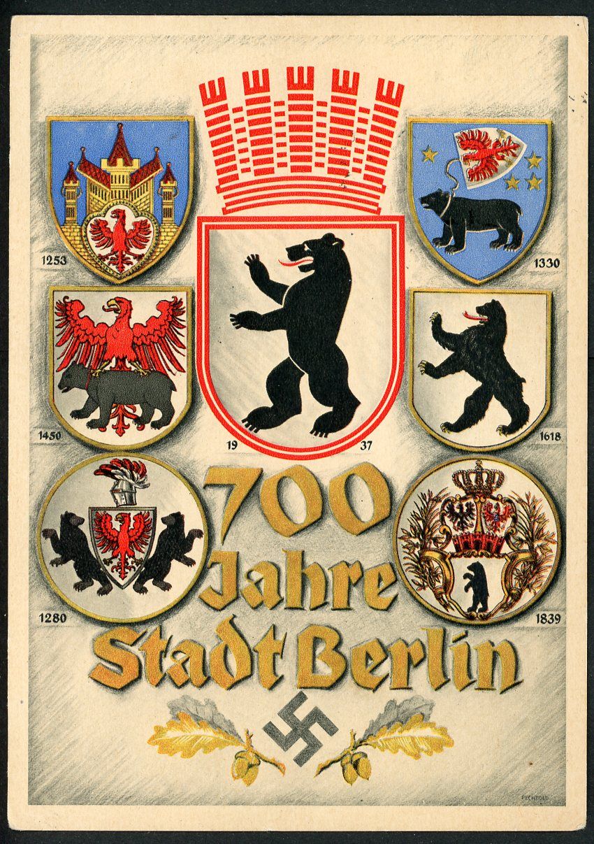 German 3rd Reich Postcard 700 Years of Berlin - Swaz On Front, Adolf Stamp On Back 1937