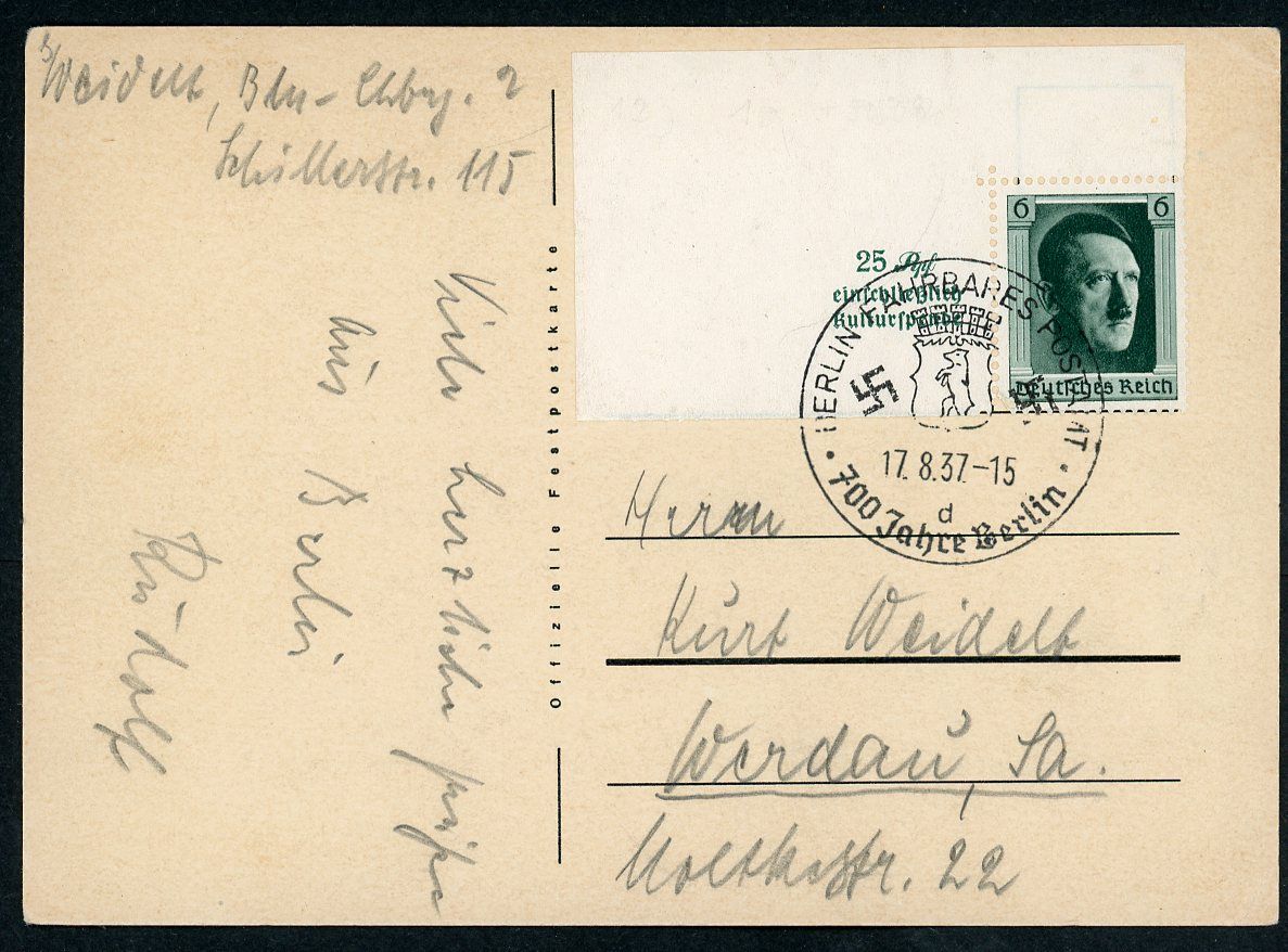 German 3rd Reich Postcard 700 Years of Berlin - Swaz On Front, Adolf Stamp On Back 1937