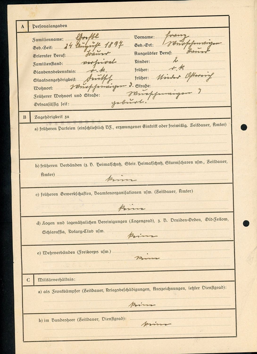 German WW2 NSDAP Political Assessment Document Form For Franz Gressl - Third Reich Ephemera