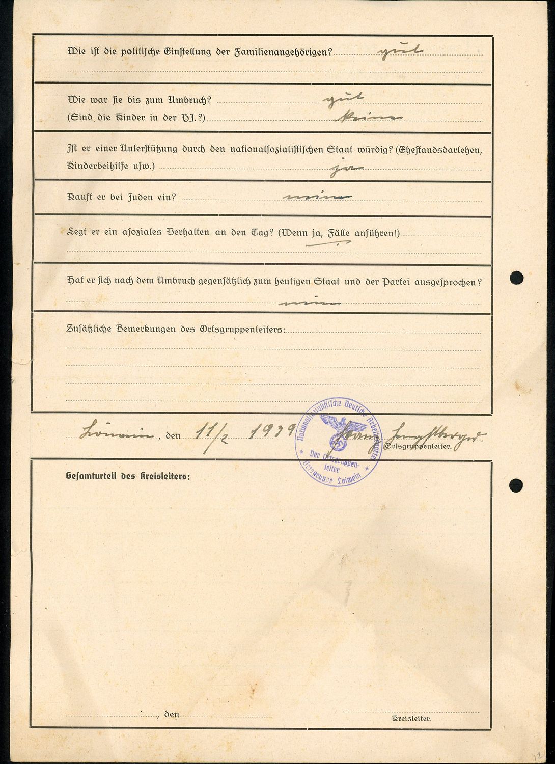 German WW2 NSDAP Political Assessment Document Form For Franz Gressl - Third Reich Ephemera