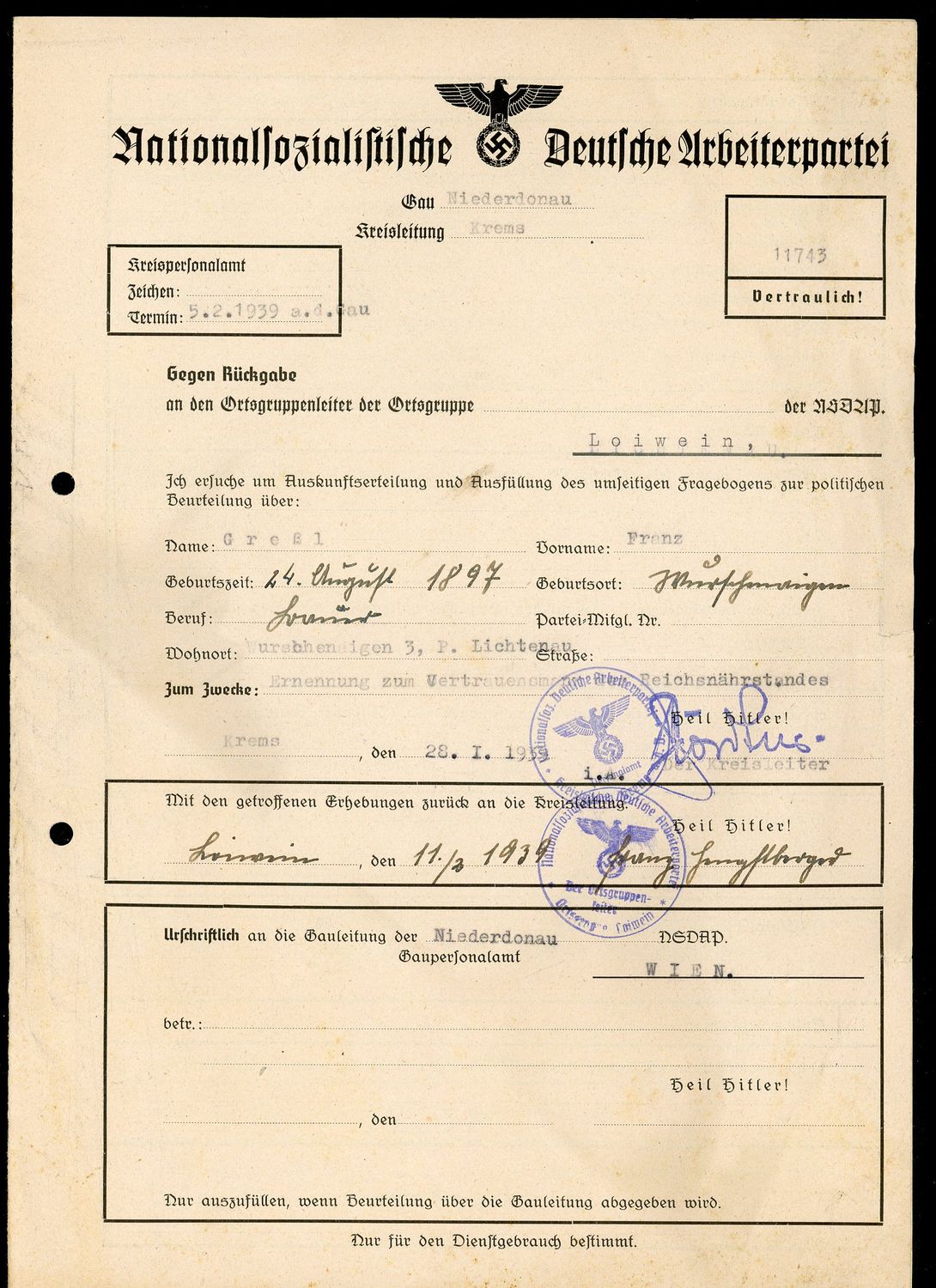German WW2 NSDAP Political Assessment Document Form For Franz Gressl - Third Reich Ephemera
