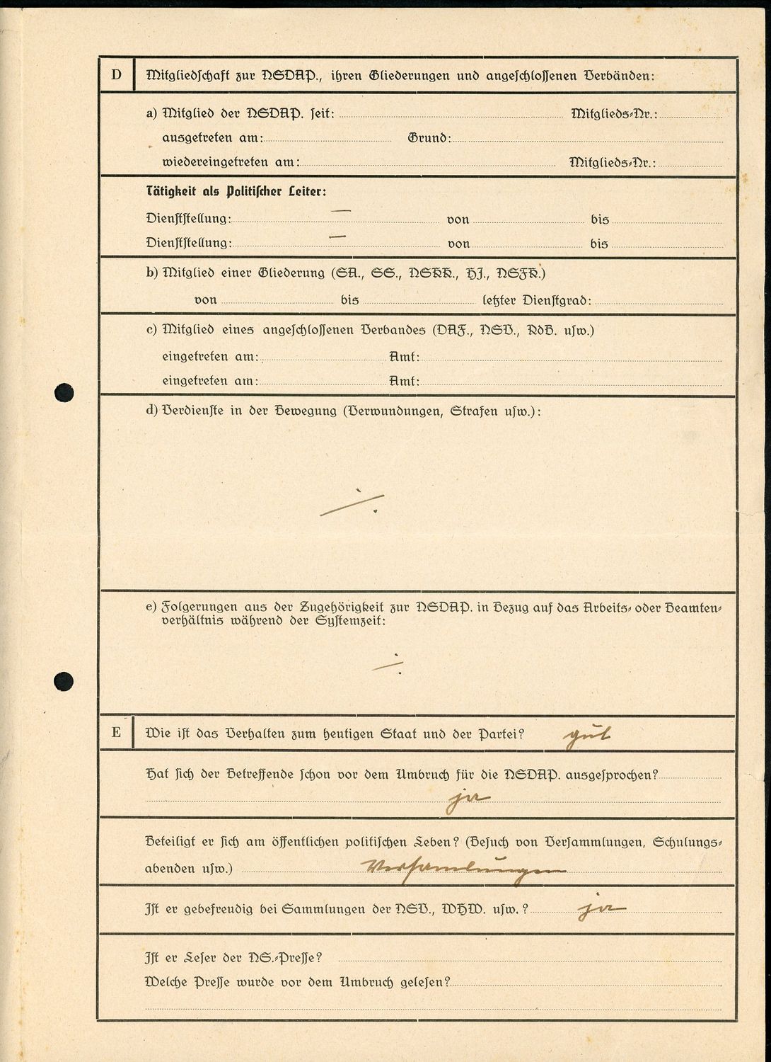 German WW2 NSDAP Political Assessment Document Form For Franz Gressl - Third Reich Ephemera