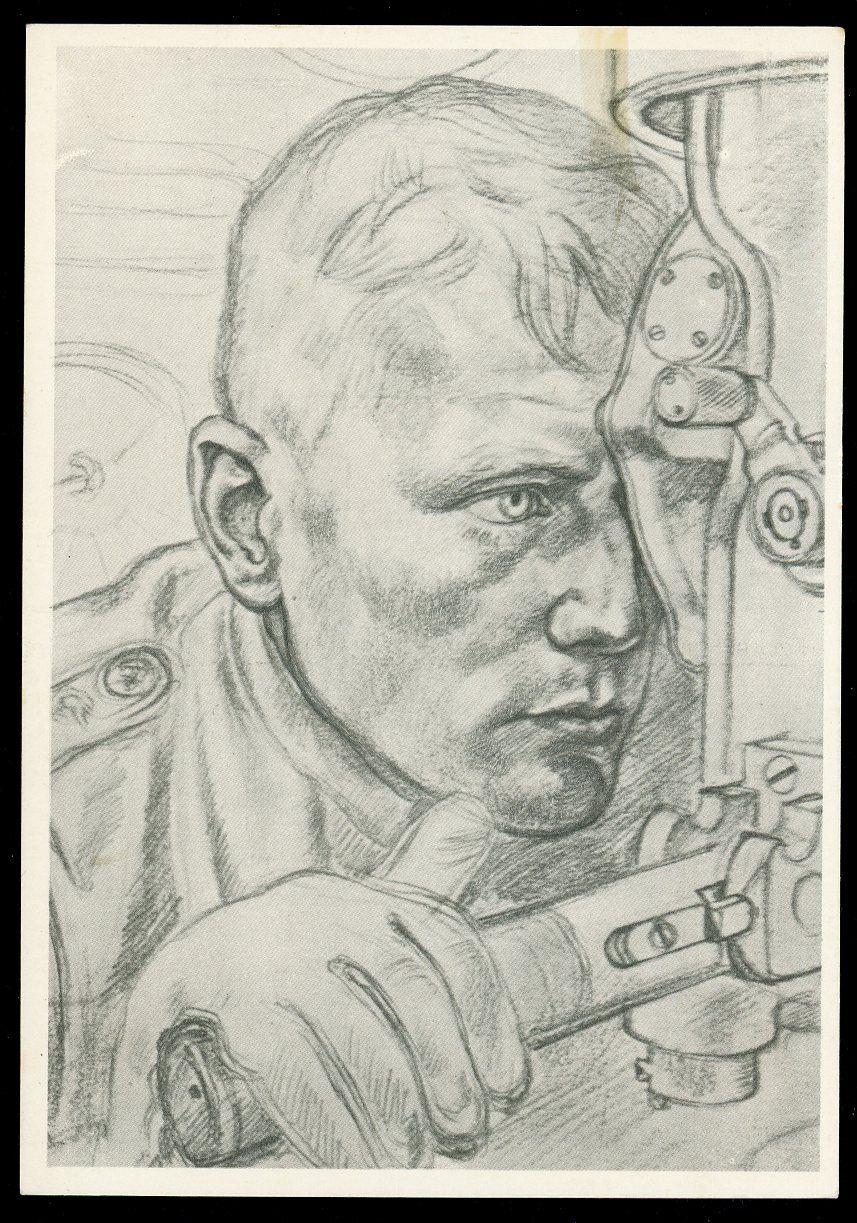 German WW2 VDA Postcard Uboat Kapitanleutnant Schuhart Targeting British Battleship Through His Submarine Periscope