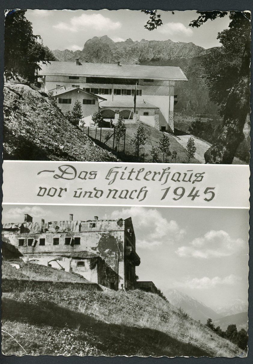 German Souvenir Postcard Showing Adolf&#39;s Berchtesgaden House Before and After The Allied Destruction