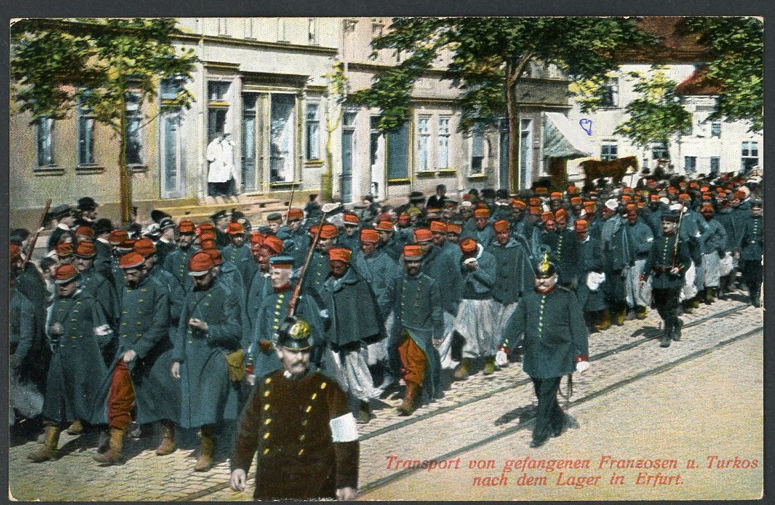 Color German WW1 Postcard French Prisoners of War Being Marched To Erfurt Prison Camp