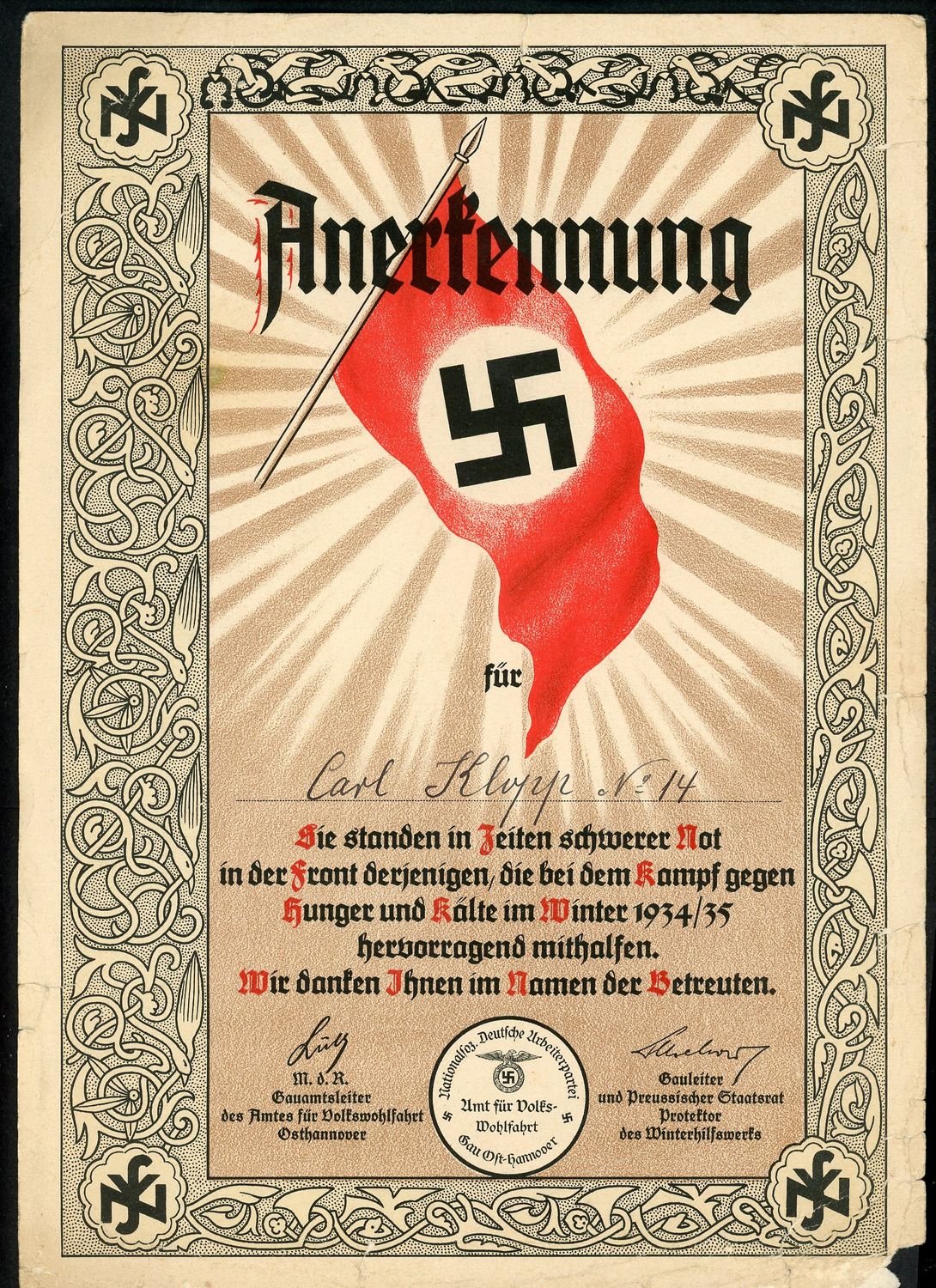 German NSV Document With Large Party Flag &amp; Swaz For Recognizing Carl Klopp For Fighting Against Cold and Hunger 1934/35