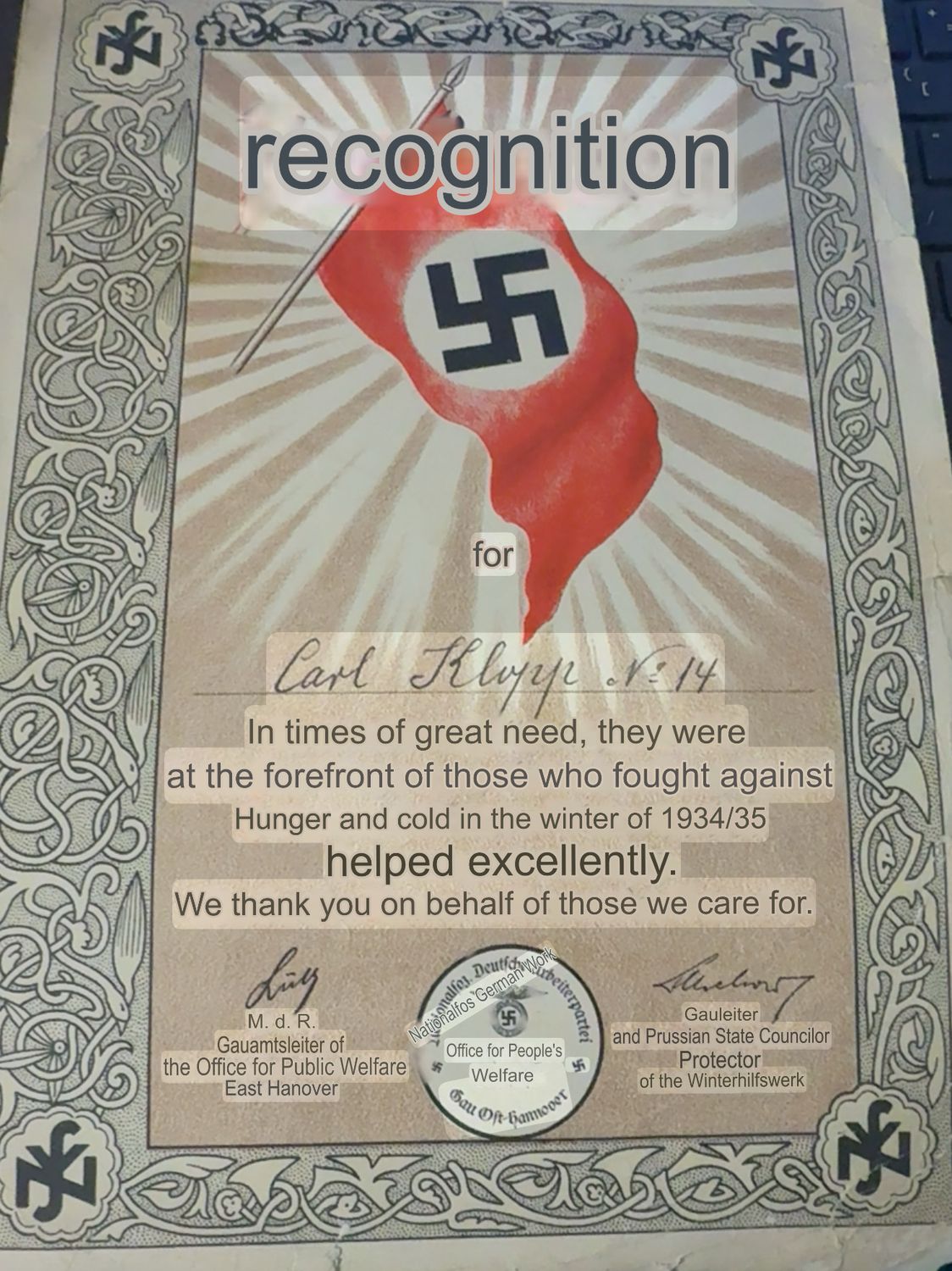 German NSV Document With Large Party Flag &amp; Swaz For Recognizing Carl Klopp For Fighting Against Cold and Hunger 1934/35