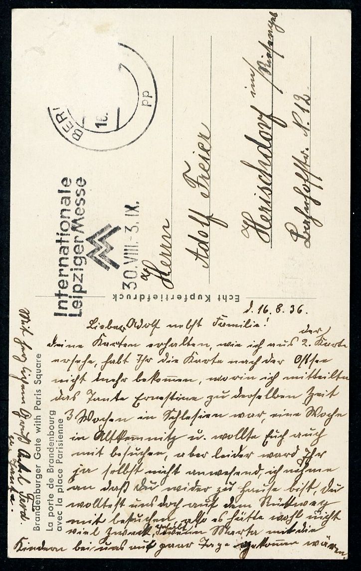 German Third Reich Postcard Brandenburg Gate Berlin + Swaz Flag - English &amp; French Description Printed On Back of Card