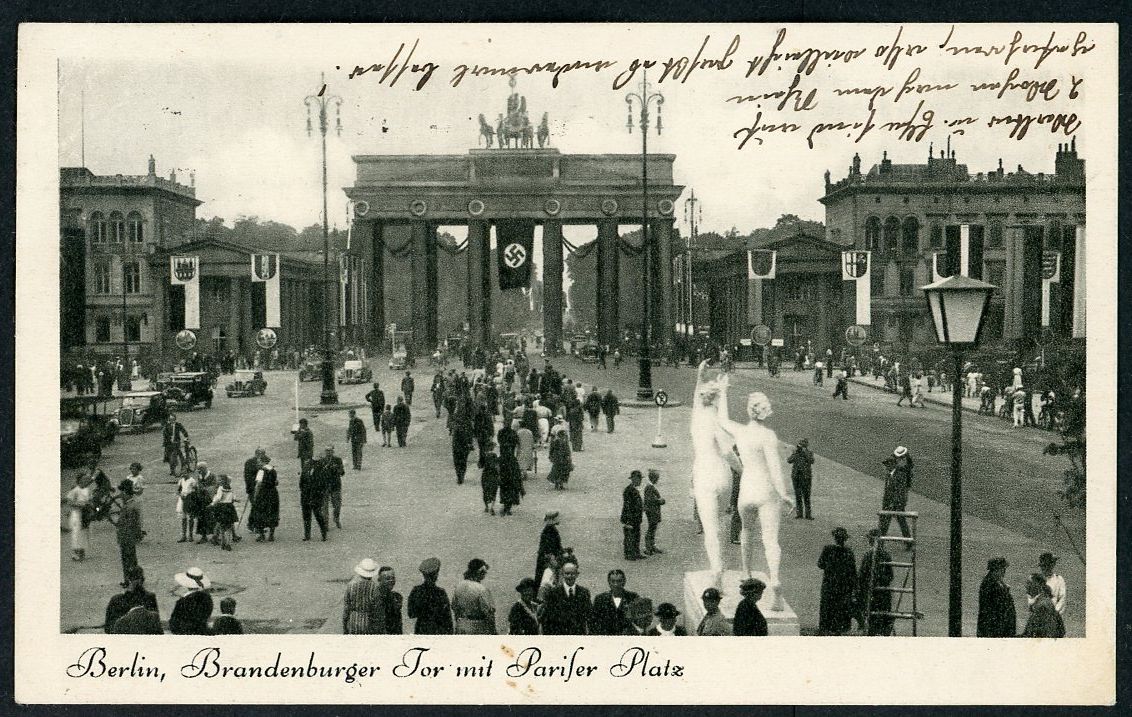 German Third Reich Postcard Brandenburg Gate Berlin + Swaz Flag - English &amp; French Description Printed On Back of Card