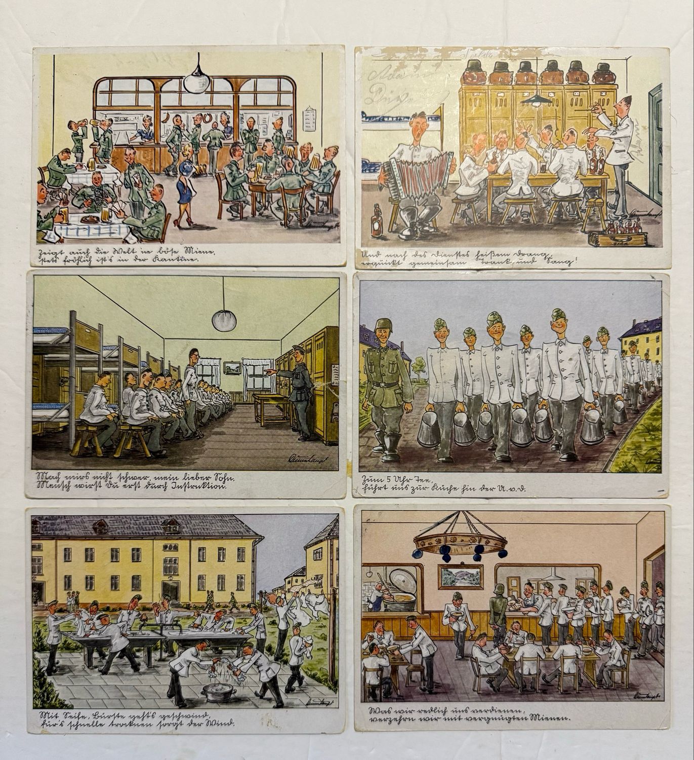 Lot of 6 German WW2 Humor Illustrated Postcards, All Sent As Feldposts During The War