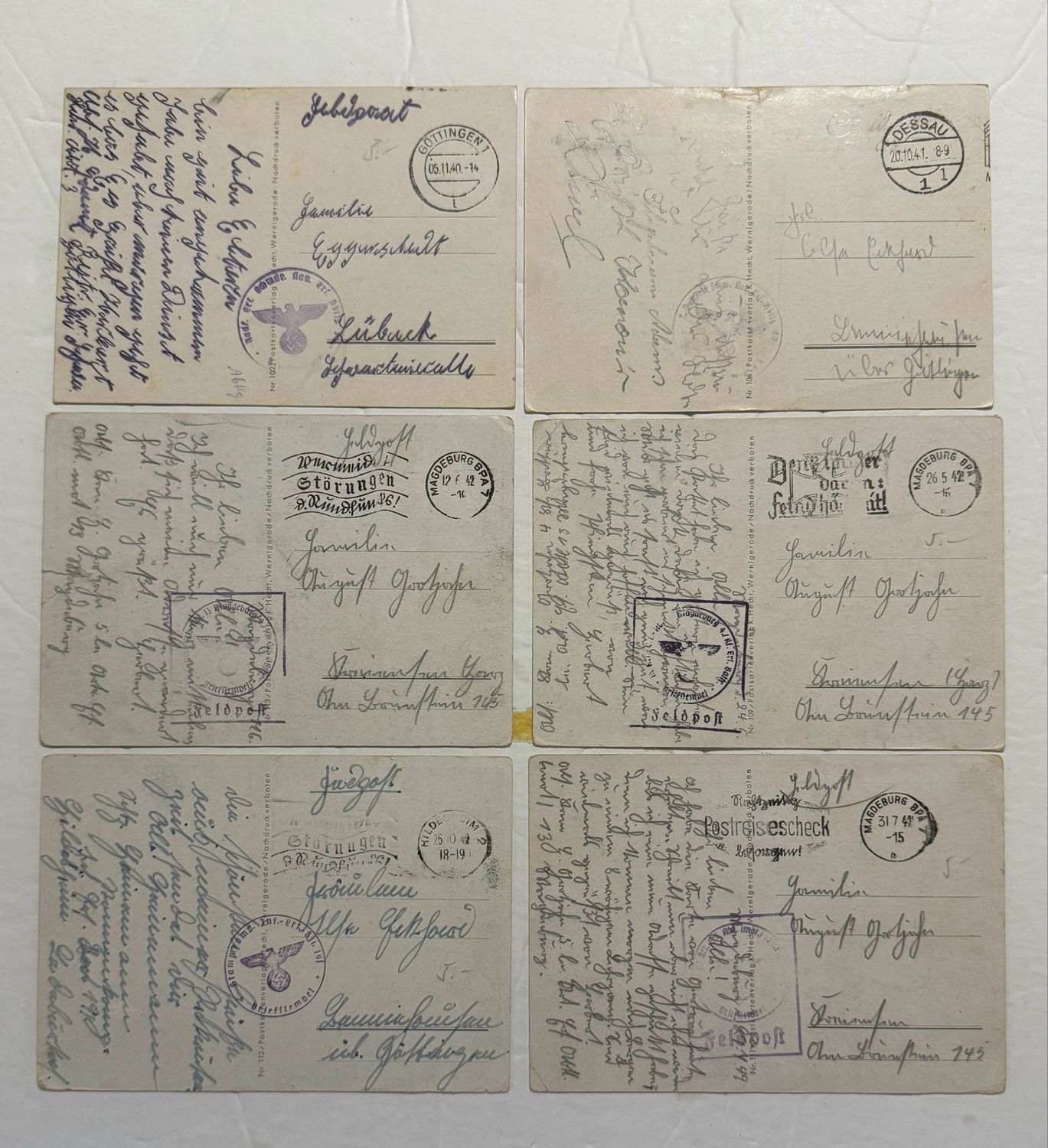 Lot of 6 German WW2 Humor Illustrated Postcards, All Sent As Feldposts During The War