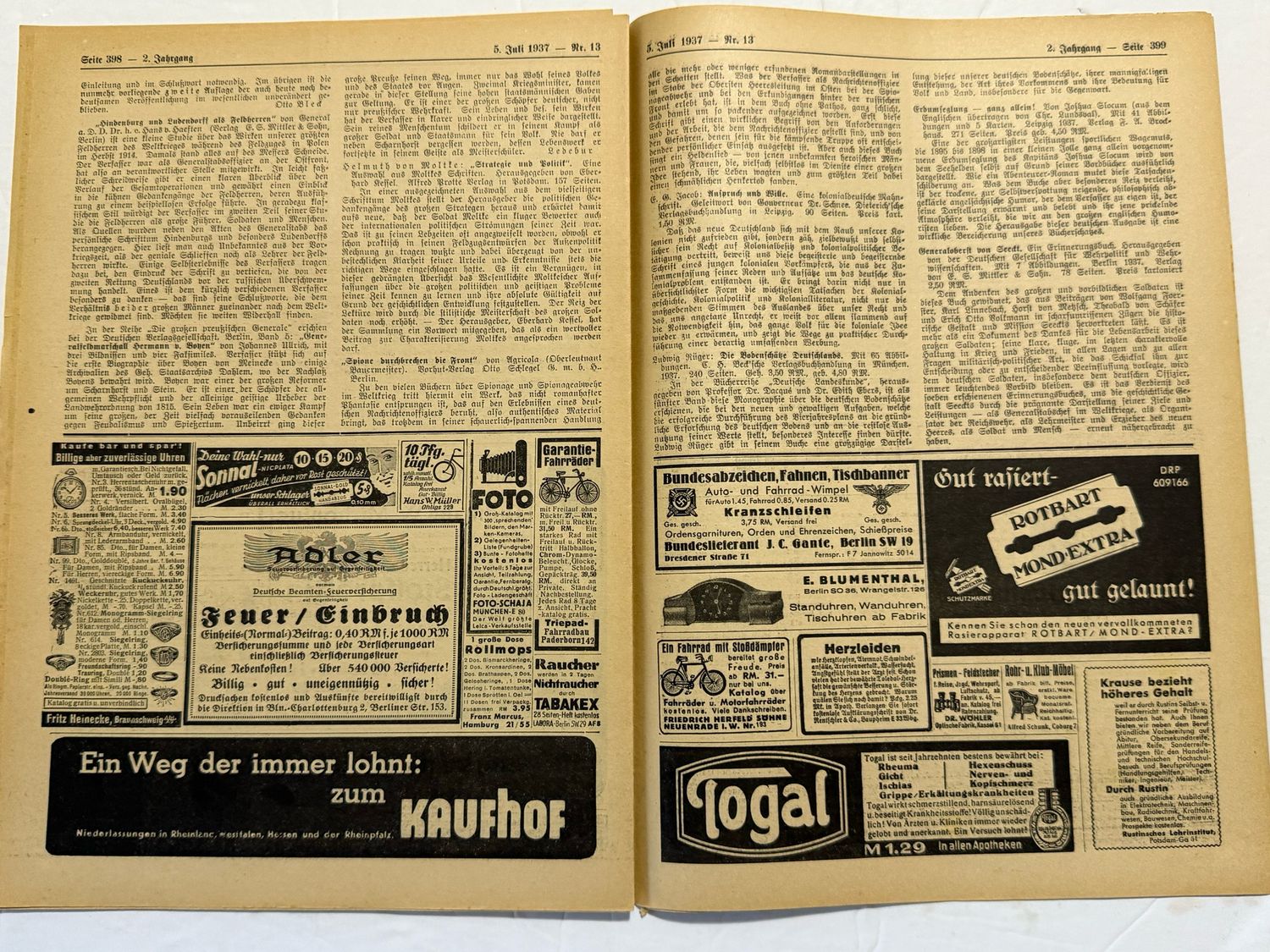 German Third Reich Veteran&#39;s Magazine Soldatenbund 1937 - Great Images - Generals, US Marines in Kiel, Wehrmacht Weapons, WW1 Stories &amp; MORE!