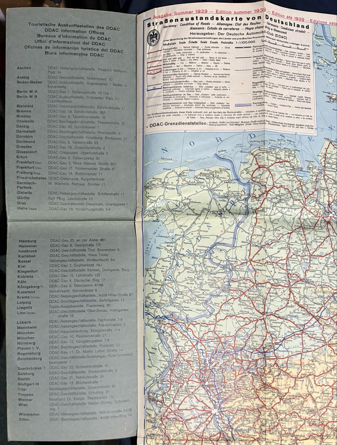 DDAC German Automobile Club Large Map of Germany From 1939