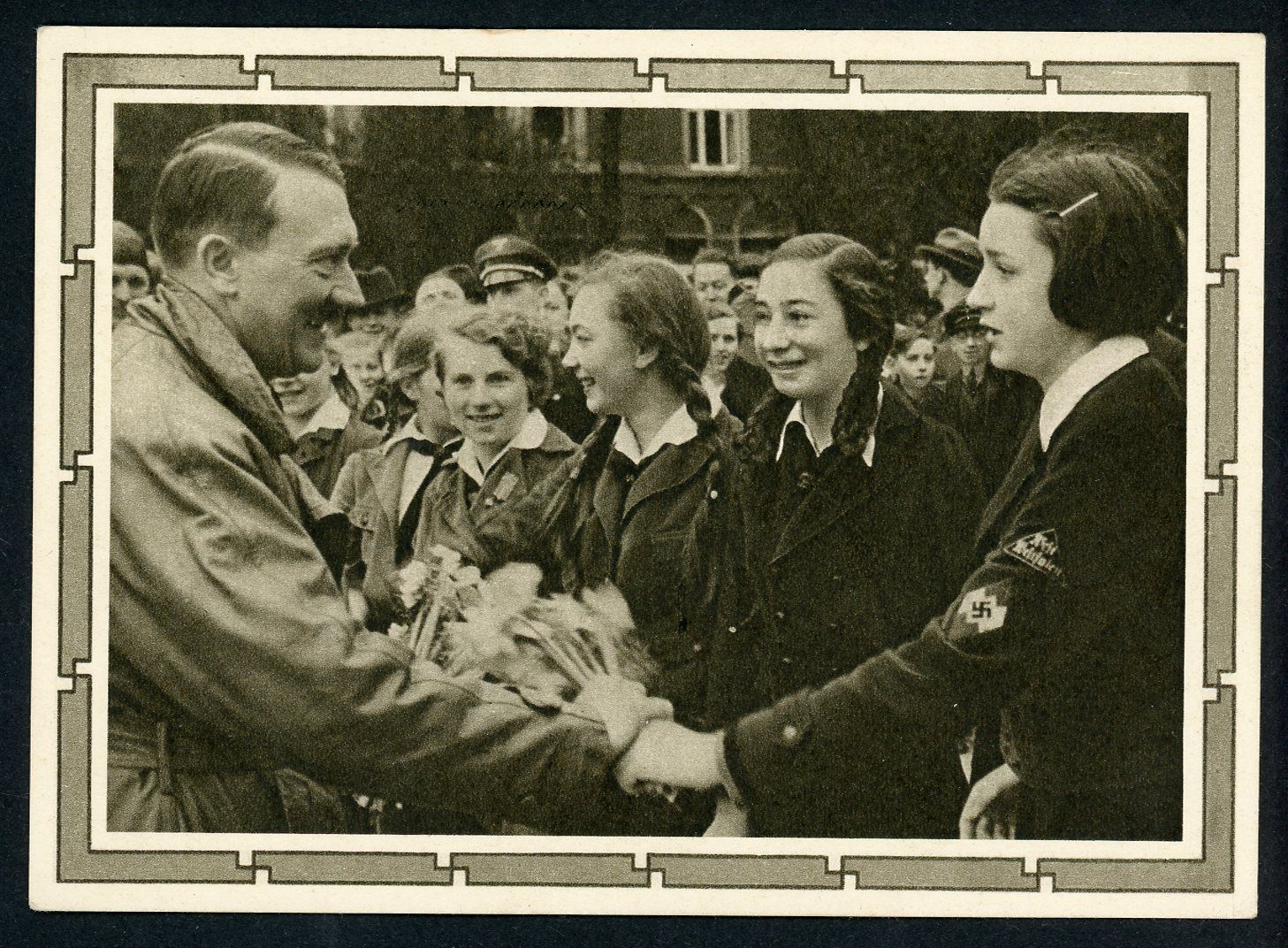 Adolf Der Fuhrer Postcard - Greeting The Happy BDM Female HJ Girls