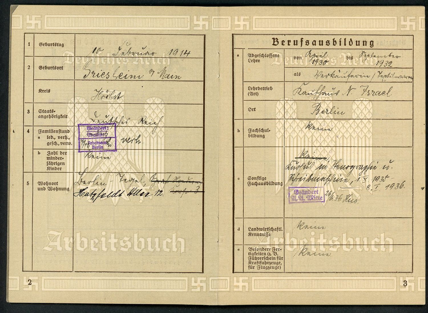 German Third Reich Arbeitsbuch Worker Record Book Female Worked For N. Israel Berlin