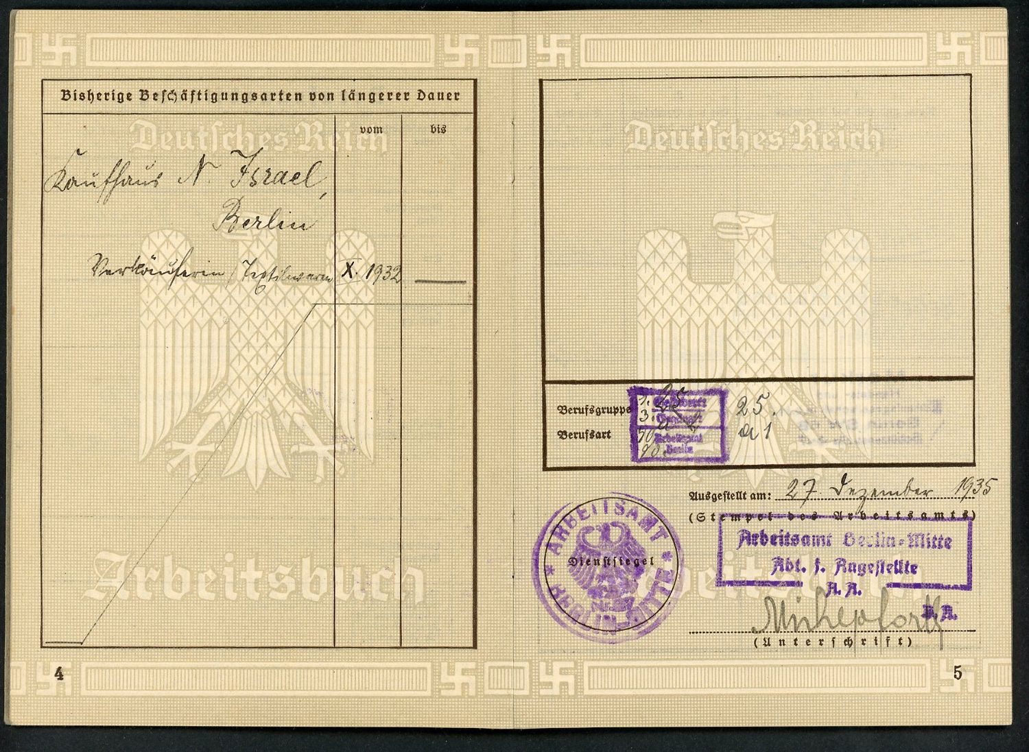 German Third Reich Arbeitsbuch Worker Record Book Female Worked For N. Israel Berlin