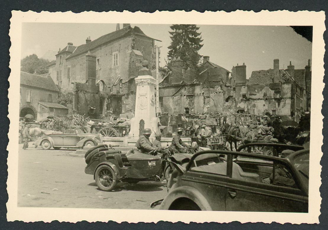 German WW2 Photo Wehrmacht Motorcycles Move Through Destroyed Town Keeping Eyes On The Locals