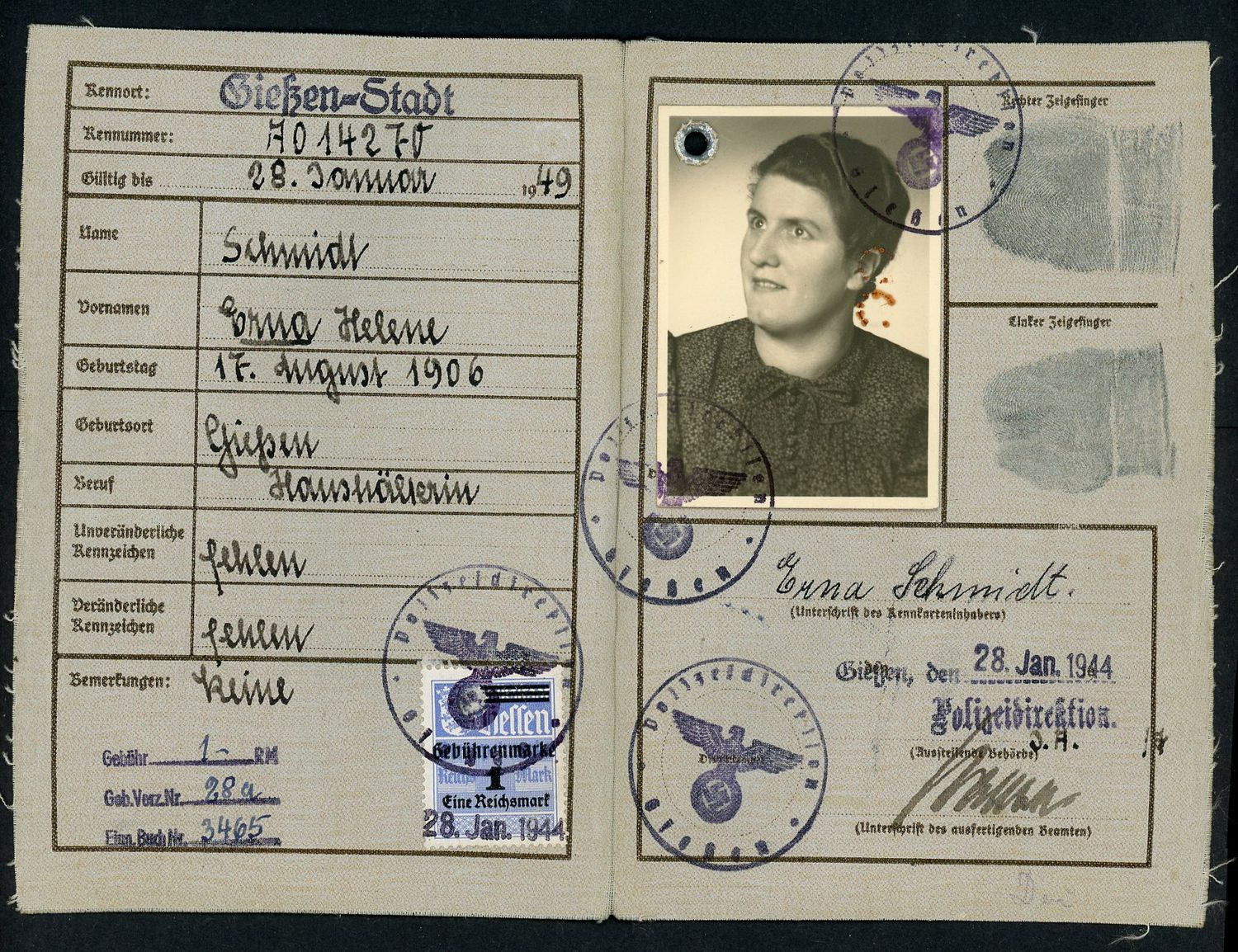 German WW2 Deutsches Reich Kennkarte ID Card For Female Erna Schmidt 1944